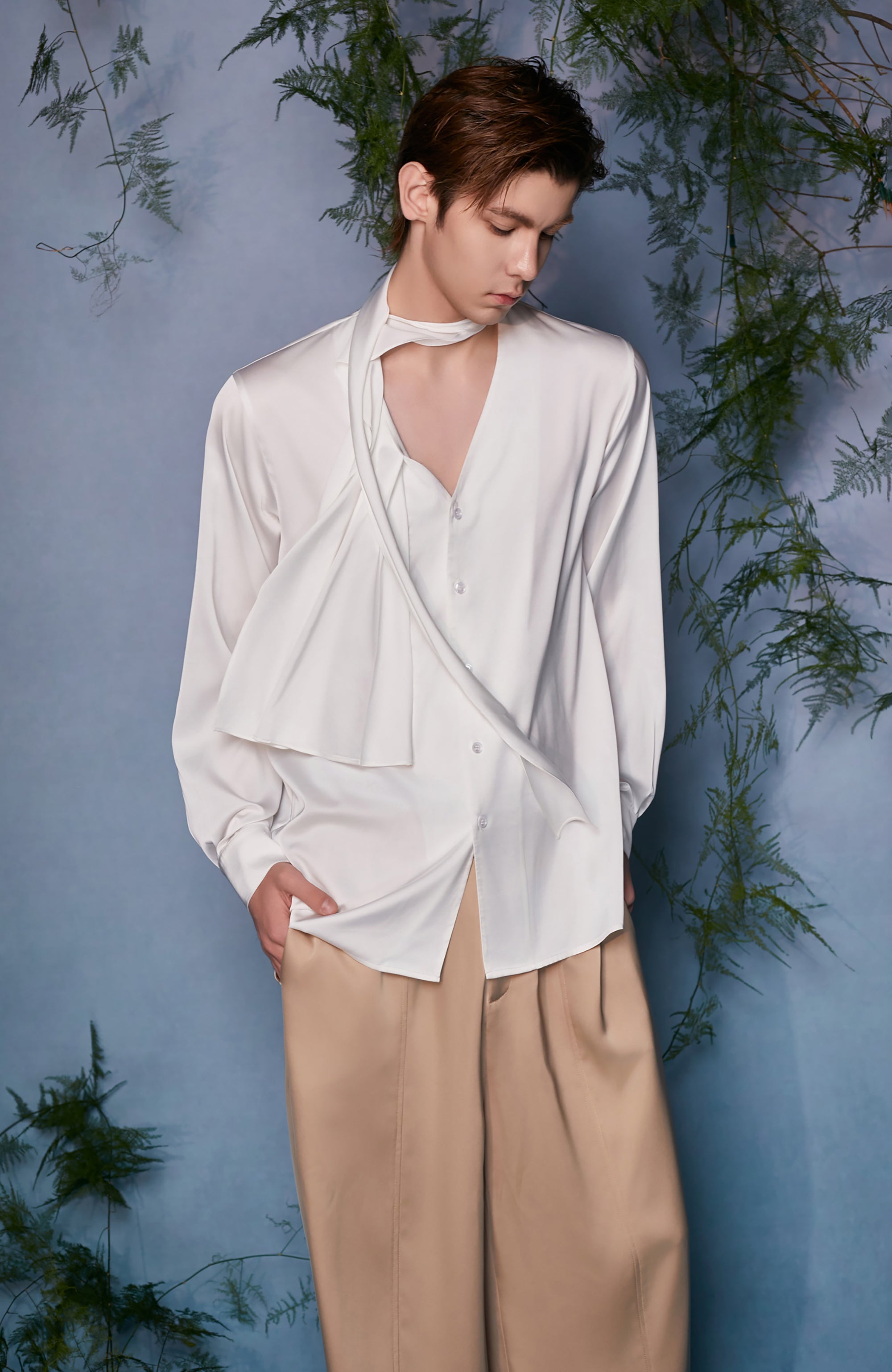 JIECHI Draped Satin Scarf-Collar Shirt, premium urban and streetwear designers apparel on PROJECTISR.com, JIECHI