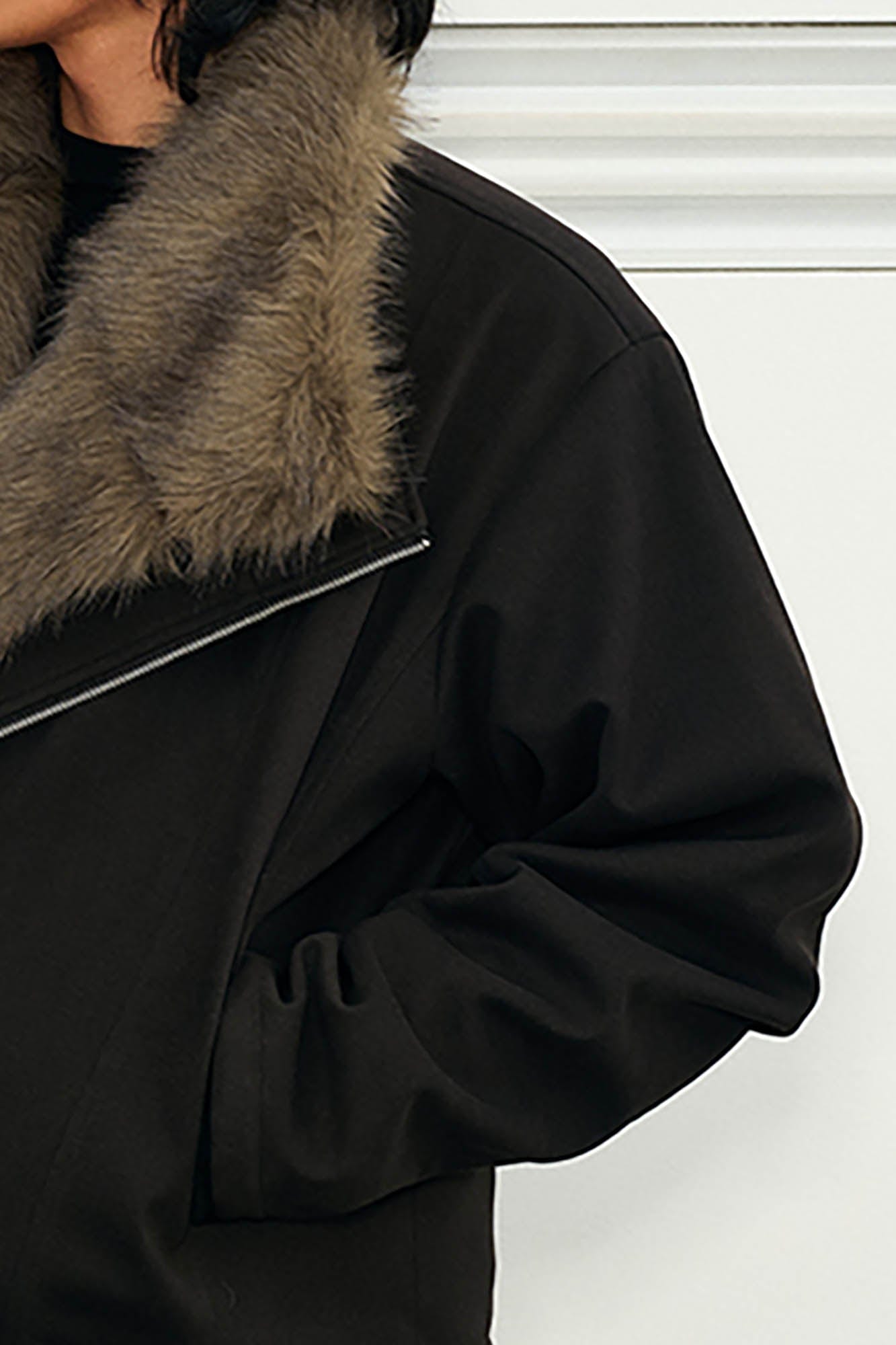 KREATE Detachable Faux Fur Collar Asymmetrical Jacket, premium urban and streetwear designers apparel on PROJECTISR.com, KREATE