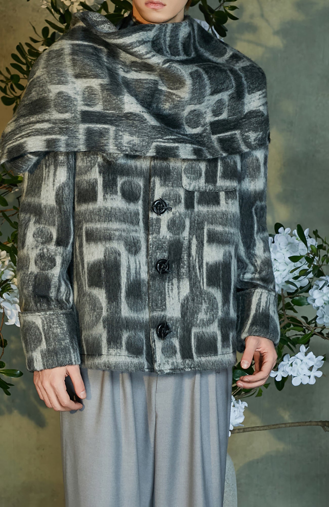 JIECHI Detachable Drape Geometry Full-Print Wool-Blend Jacket