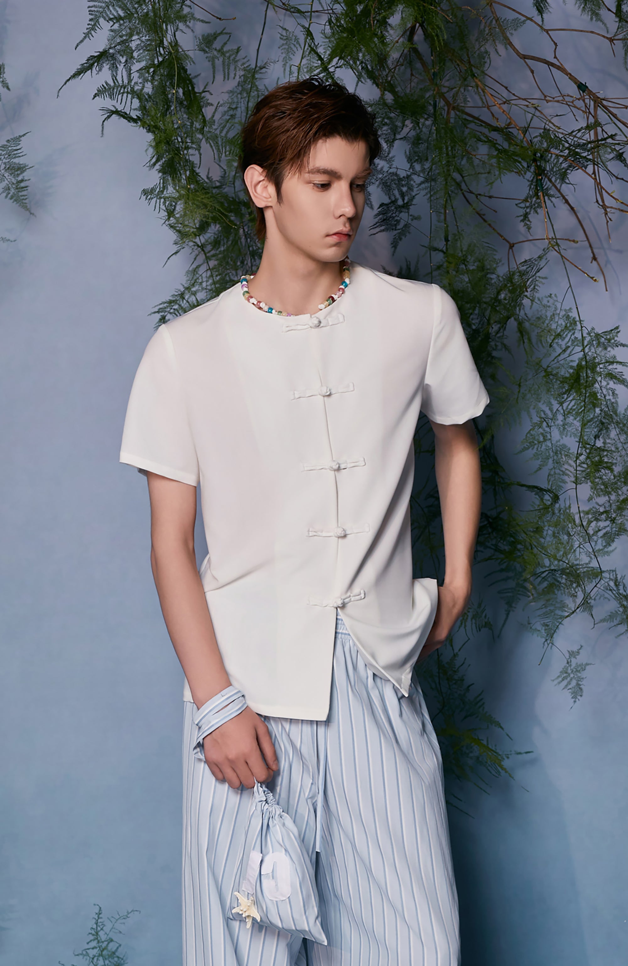 JIECHI Minimal Frog Button Beaded Half Shirt, premium urban and streetwear designers apparel on PROJECTISR.com, JIECHI
