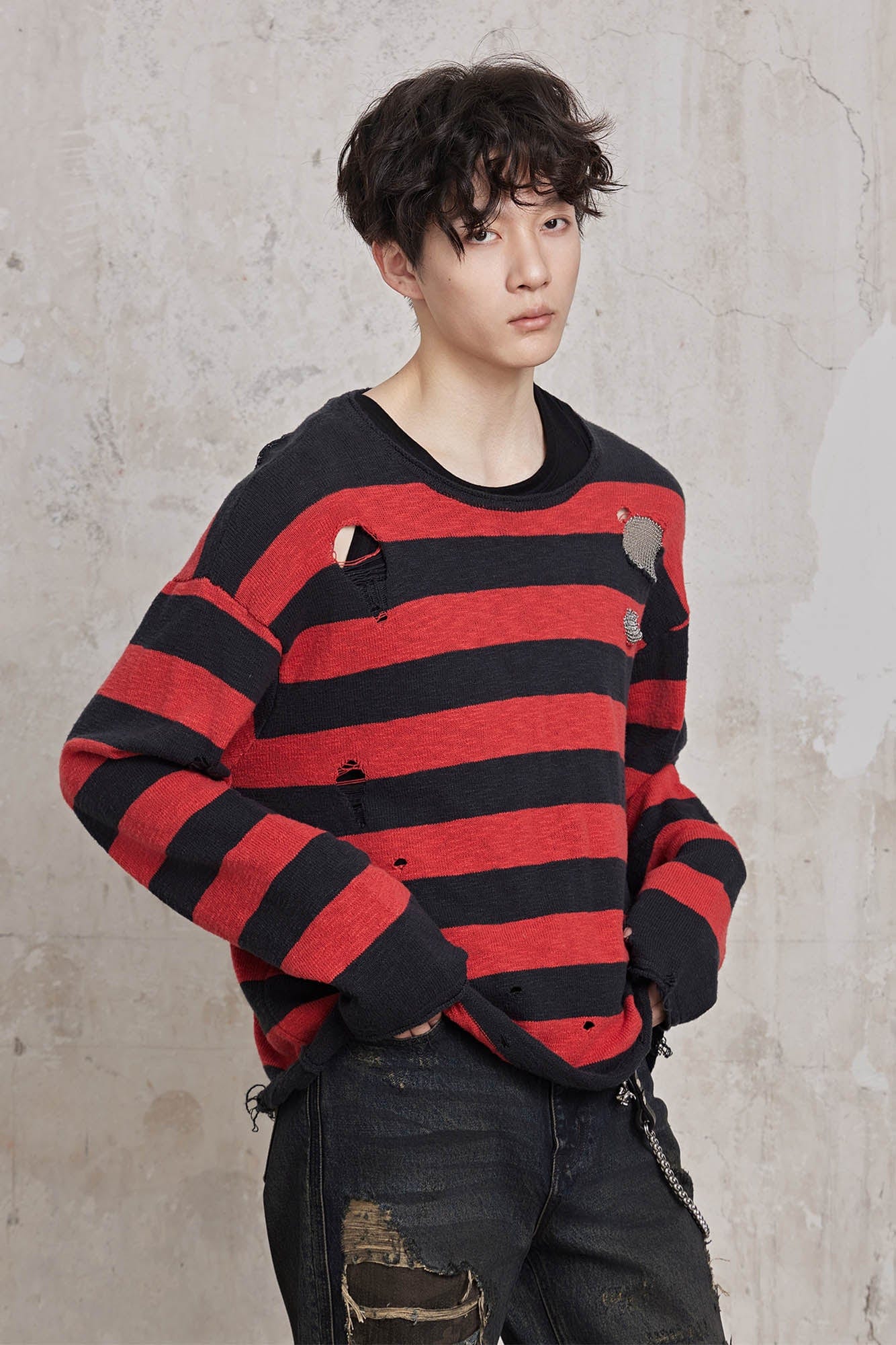 FACEONLAB Stripe Distressed Frayed Crewneck Sweater, premium urban and streetwear designers apparel on PROJECTISR.com, FACEONLAB