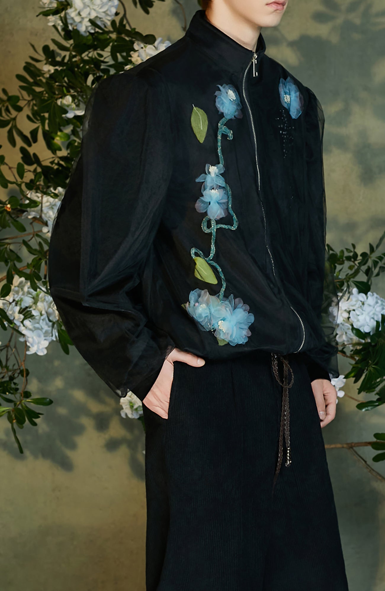 JIECHI Floral Embellished Velvet Sheer Layer Jacket