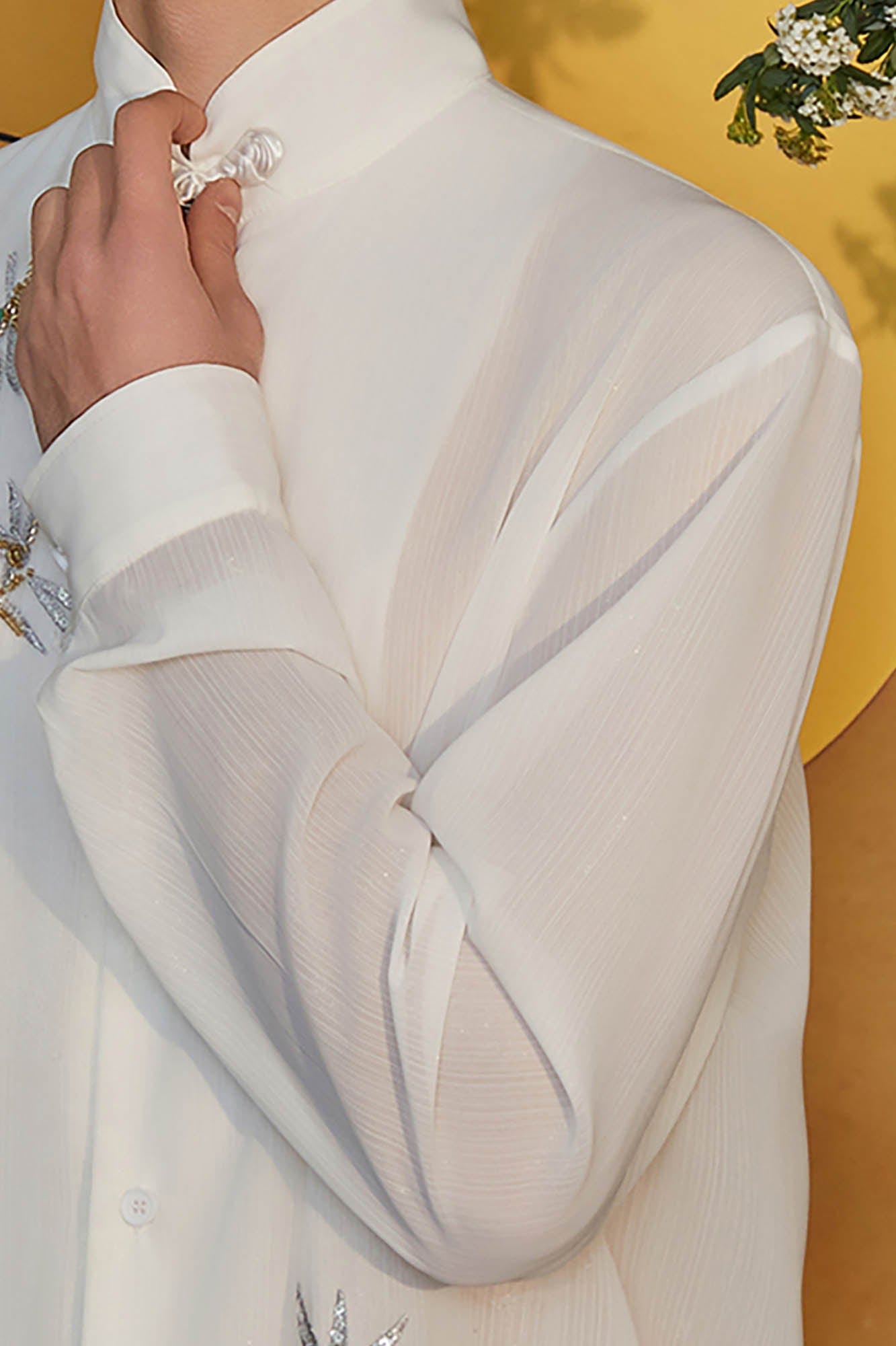 JIECHI Embroidered Bamboo Sheer Flowing Shirt
