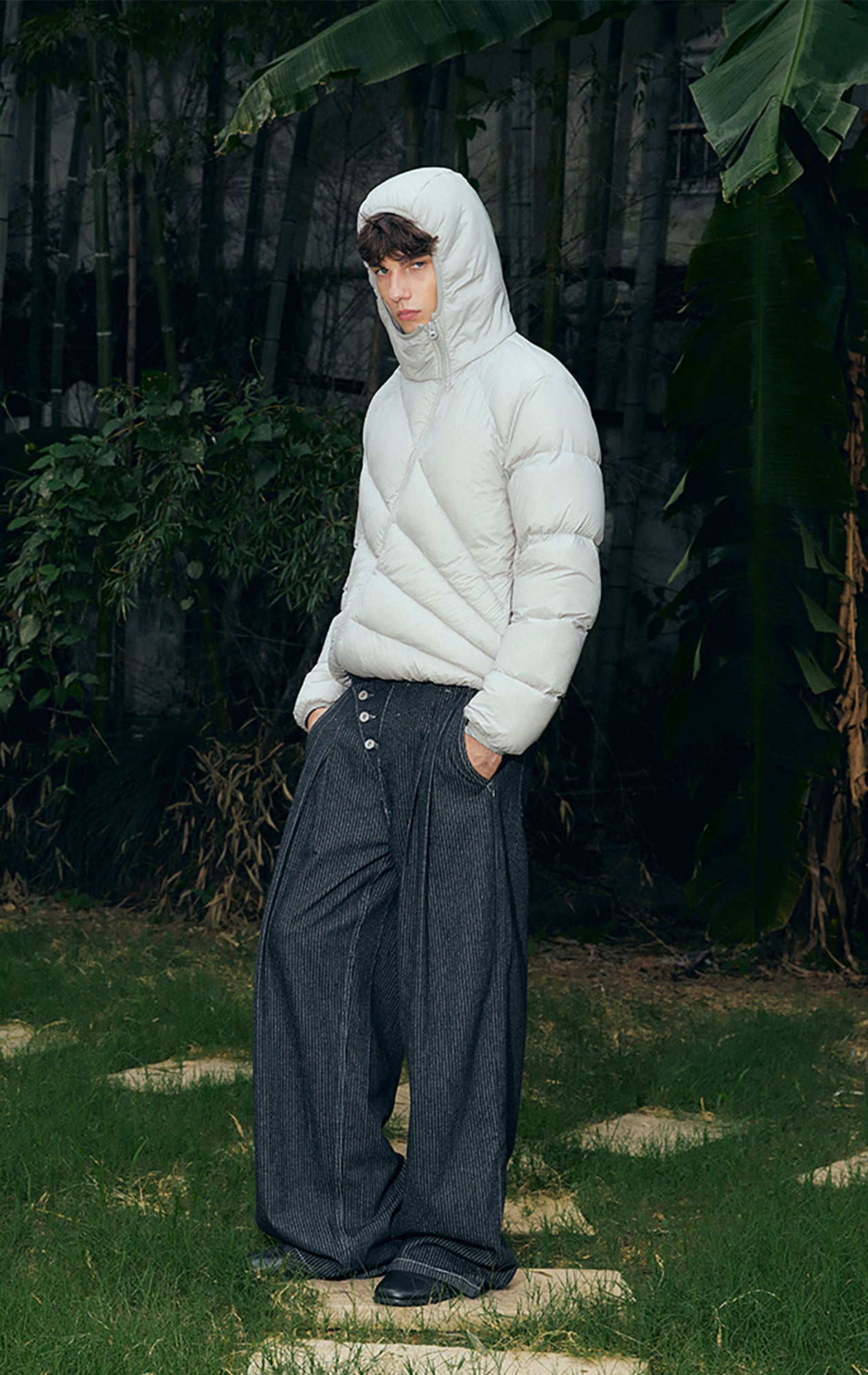 KREATE Asymmetrical Quilted Hooded Down Jacket