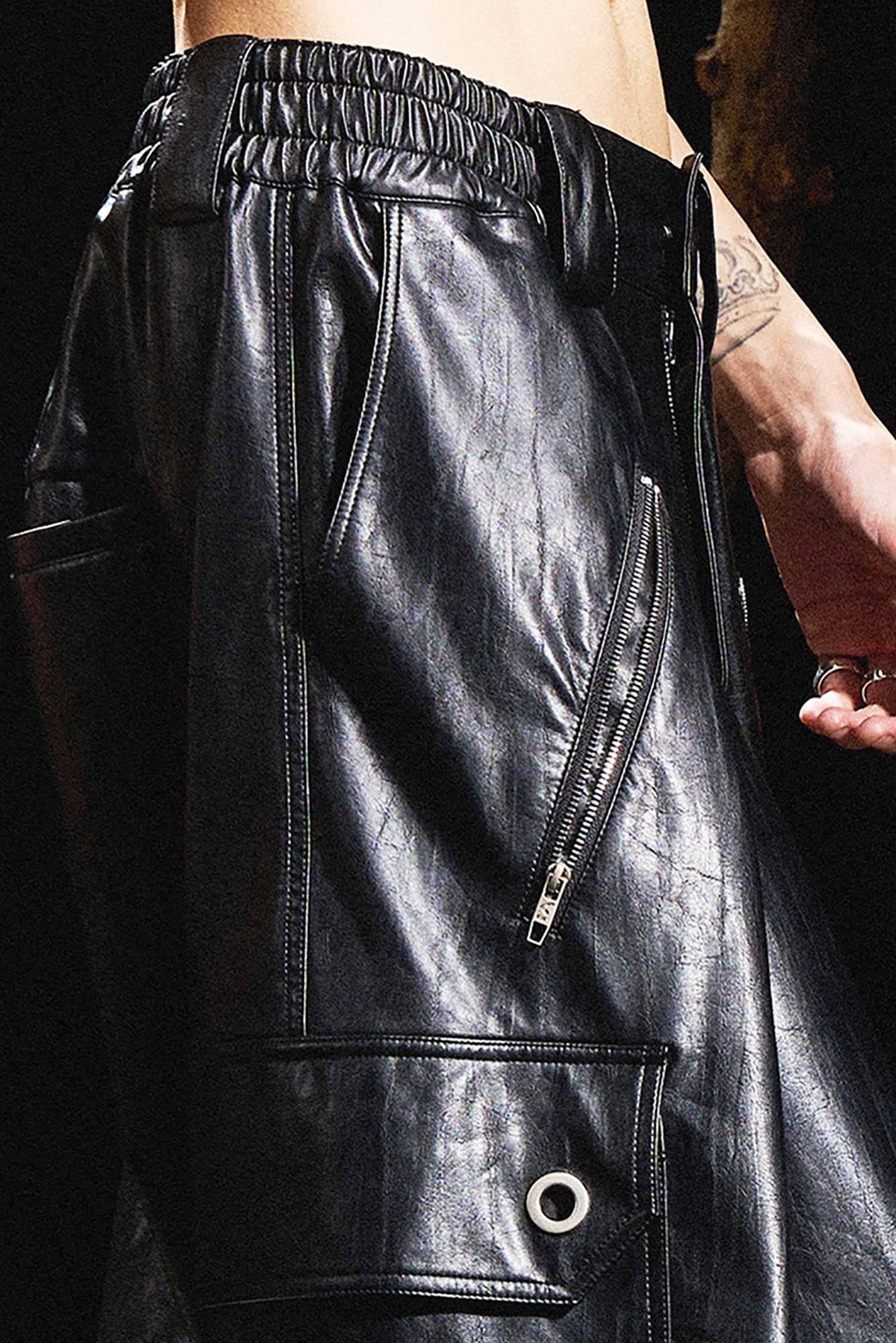 RELABEL Multi-Pocket Pleated Faux Leather Wide-Leg Pants, premium urban and streetwear designers apparel on PROJECTISR.com, RELABEL