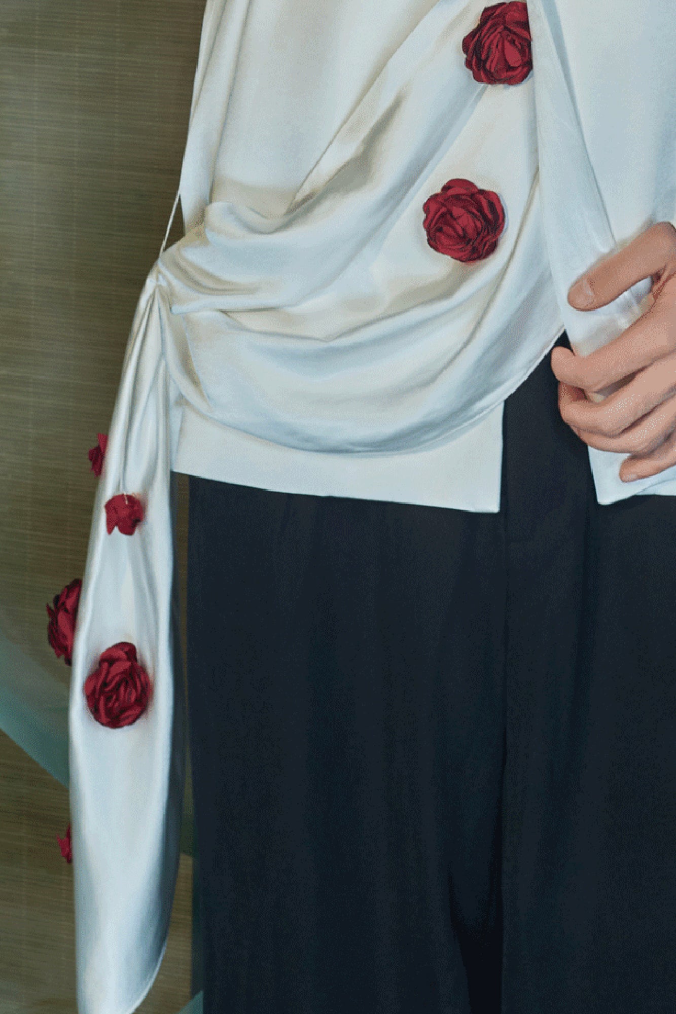 JIECHI Rose Embellished Draped Satin Blazer