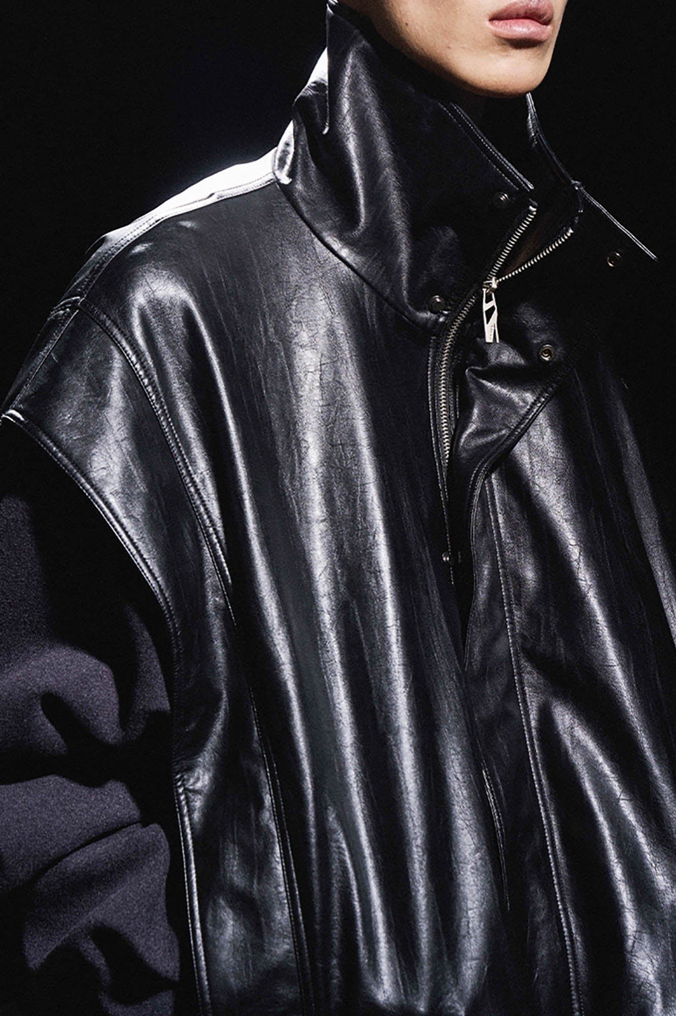 RELABEL Deconstructed Spliced Stand-Collar Faux Leather Jacket, premium urban and streetwear designers apparel on PROJECTISR.com, RELABEL