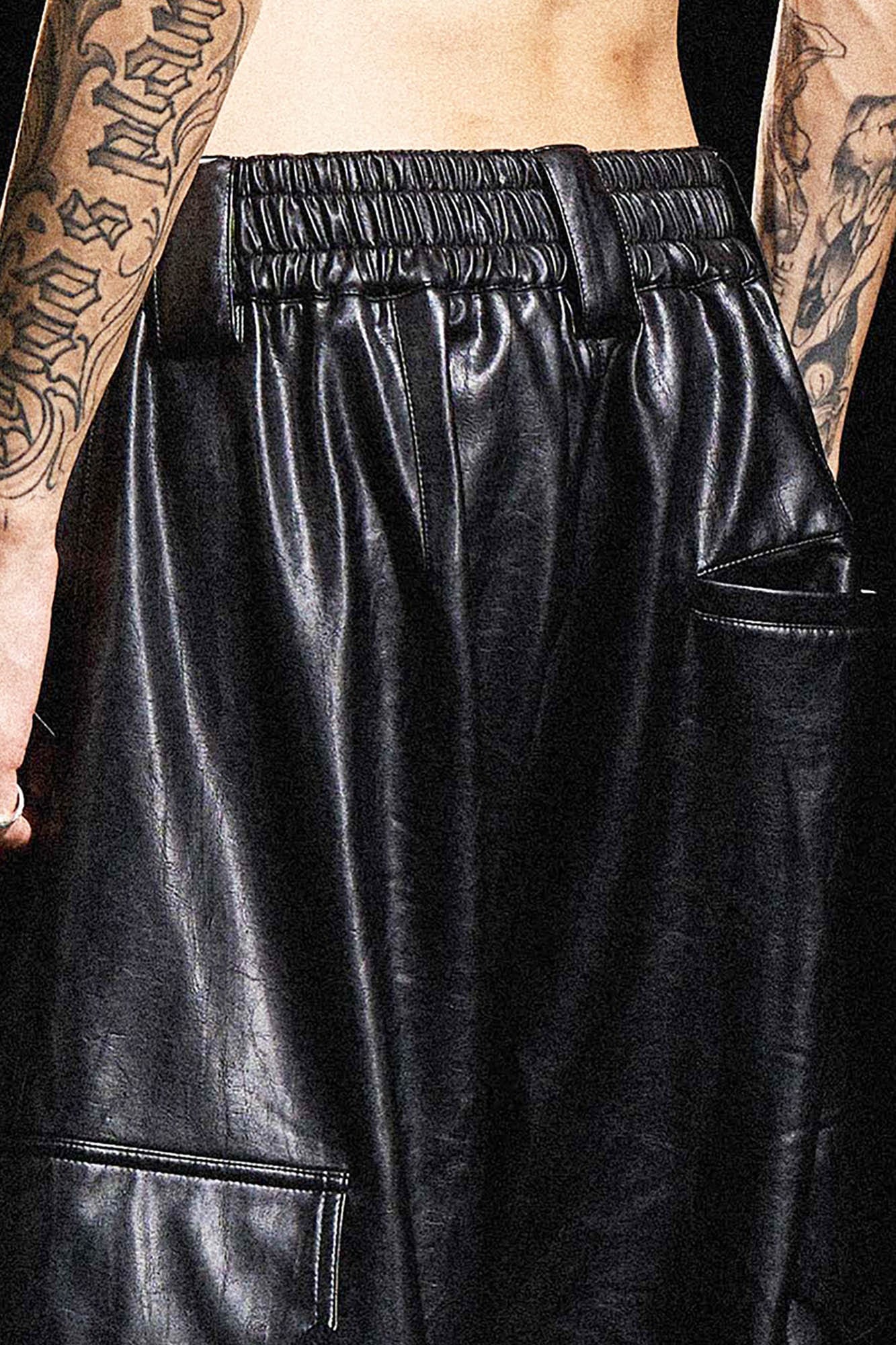 RELABEL Multi-Pocket Pleated Faux Leather Wide-Leg Pants, premium urban and streetwear designers apparel on PROJECTISR.com, RELABEL