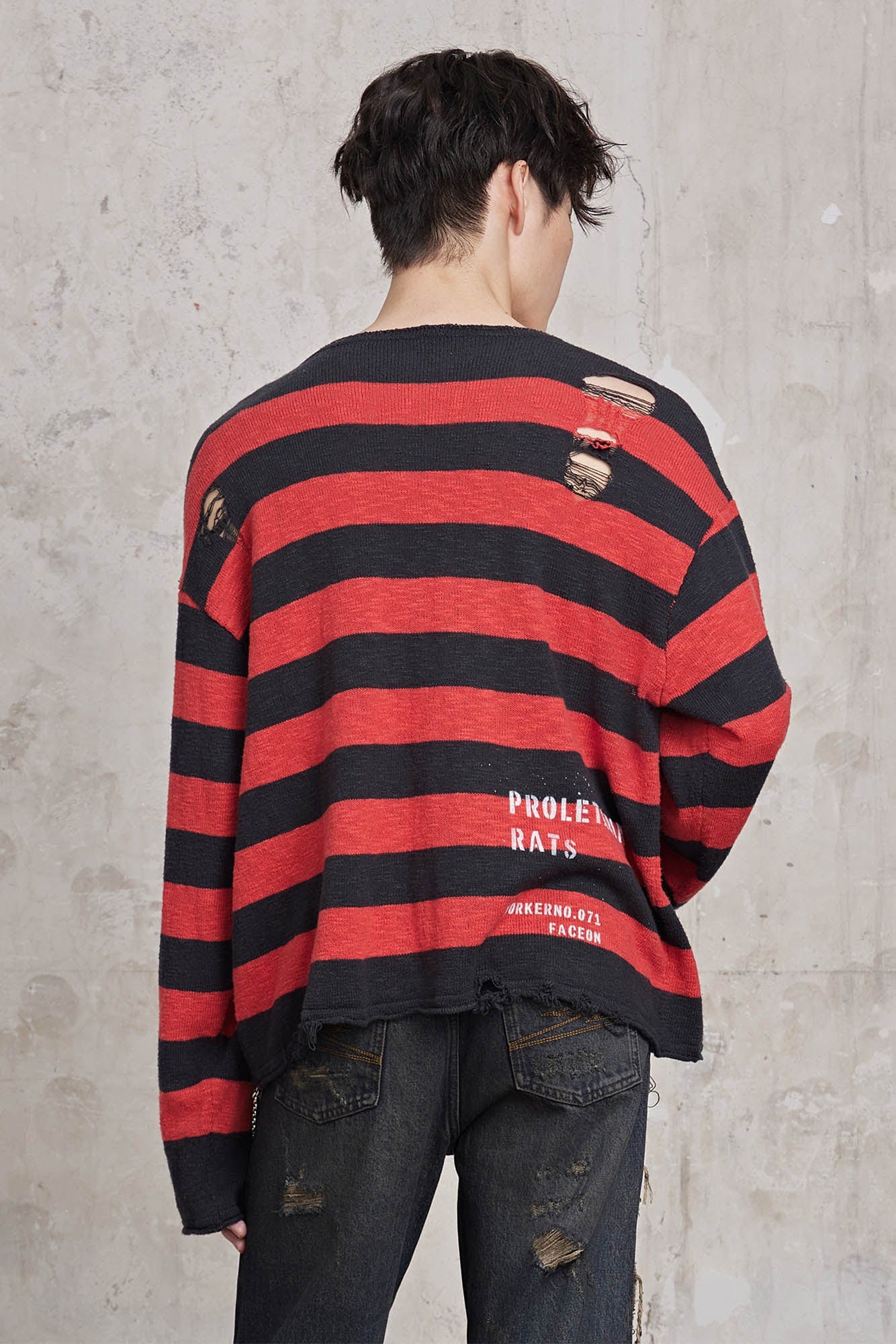 FACEONLAB Stripe Distressed Frayed Crewneck Sweater, premium urban and streetwear designers apparel on PROJECTISR.com, FACEONLAB