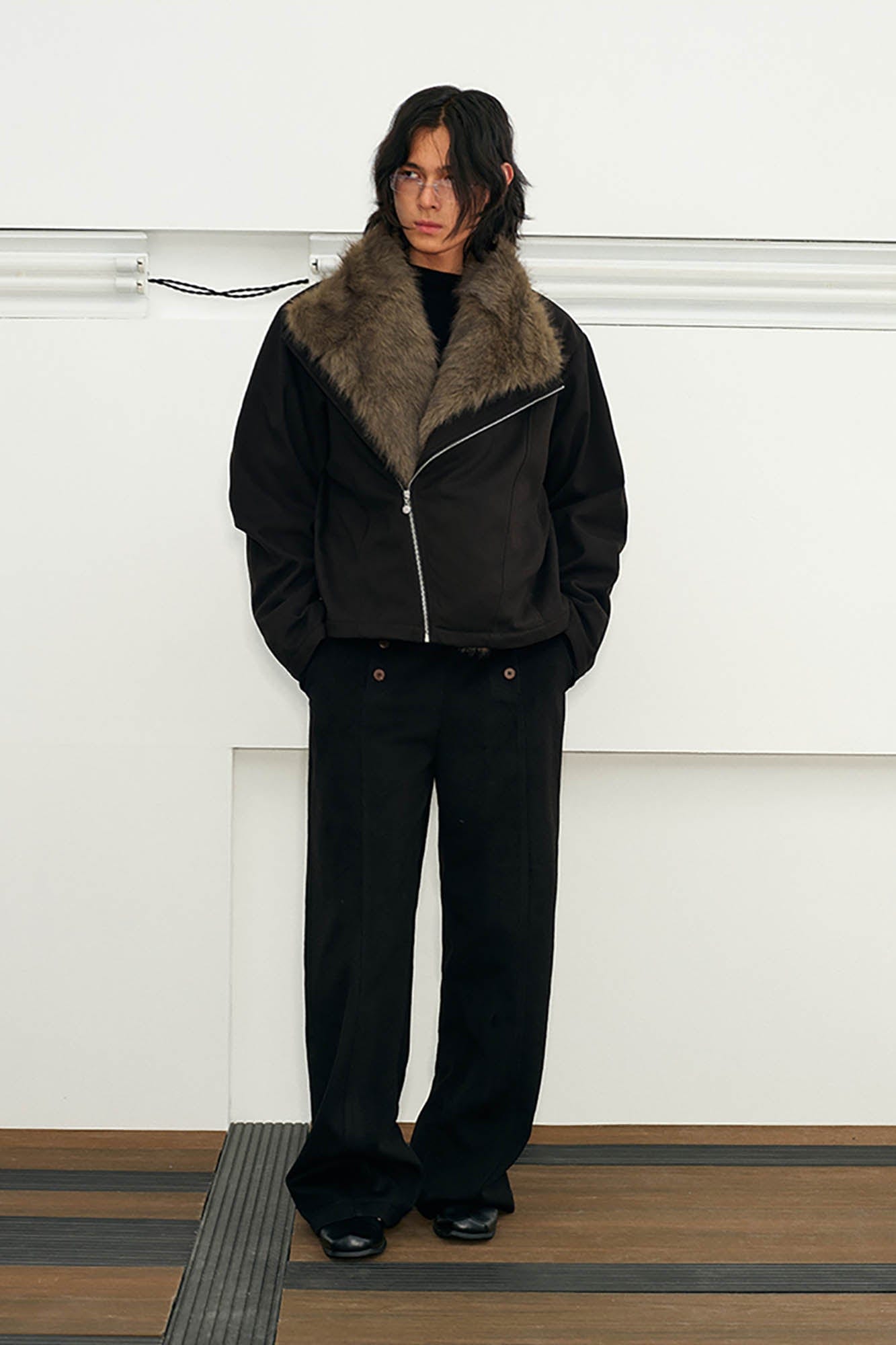 KREATE Detachable Faux Fur Collar Asymmetrical Jacket, premium urban and streetwear designers apparel on PROJECTISR.com, KREATE