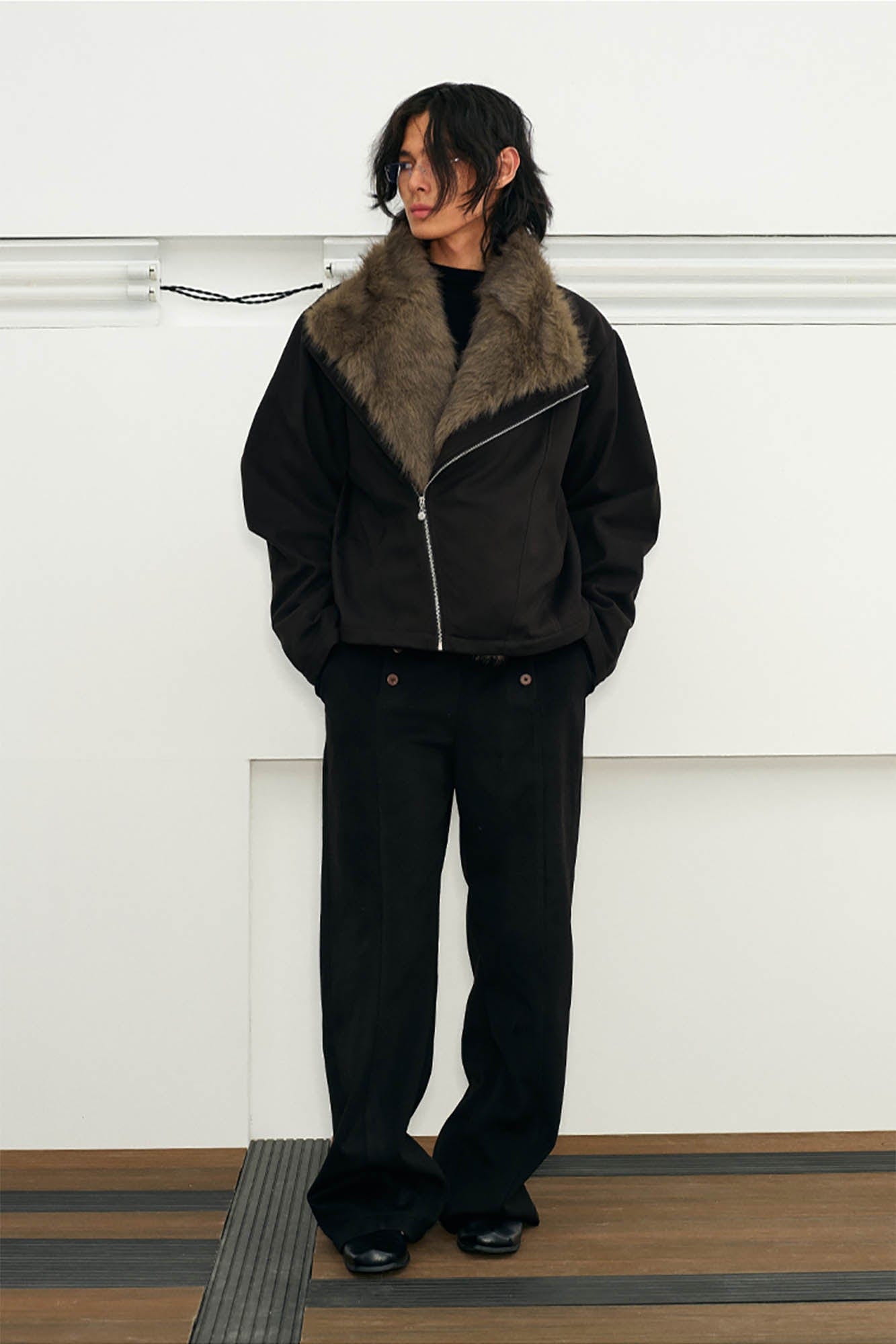 KREATE Detachable Faux Fur Collar Asymmetrical Jacket, premium urban and streetwear designers apparel on PROJECTISR.com, KREATE