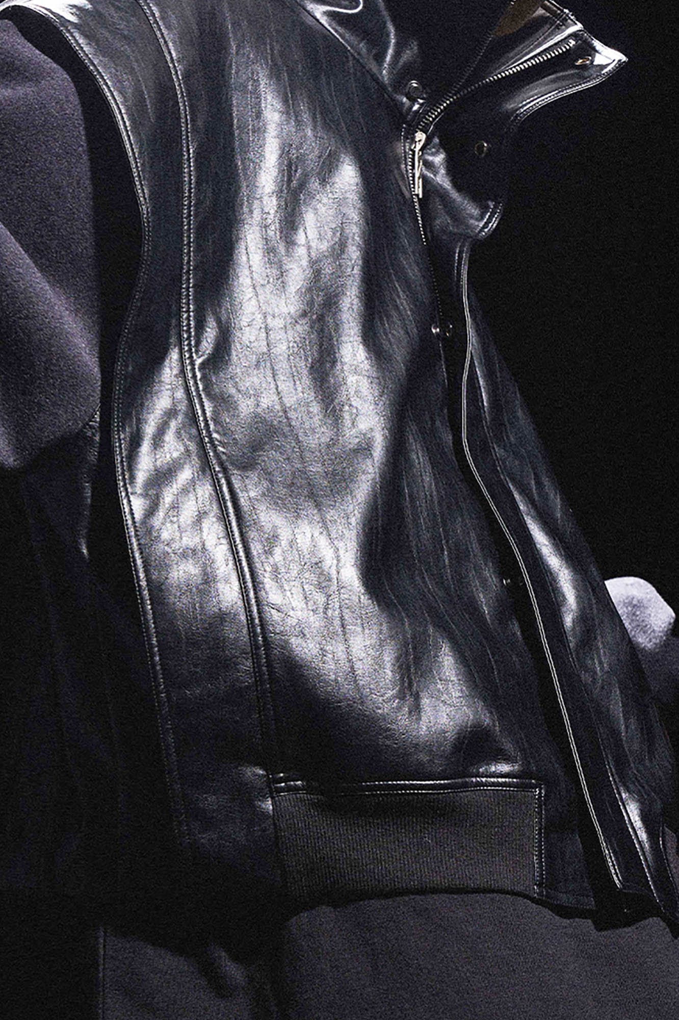 RELABEL Deconstructed Spliced Stand-Collar Faux Leather Jacket, premium urban and streetwear designers apparel on PROJECTISR.com, RELABEL