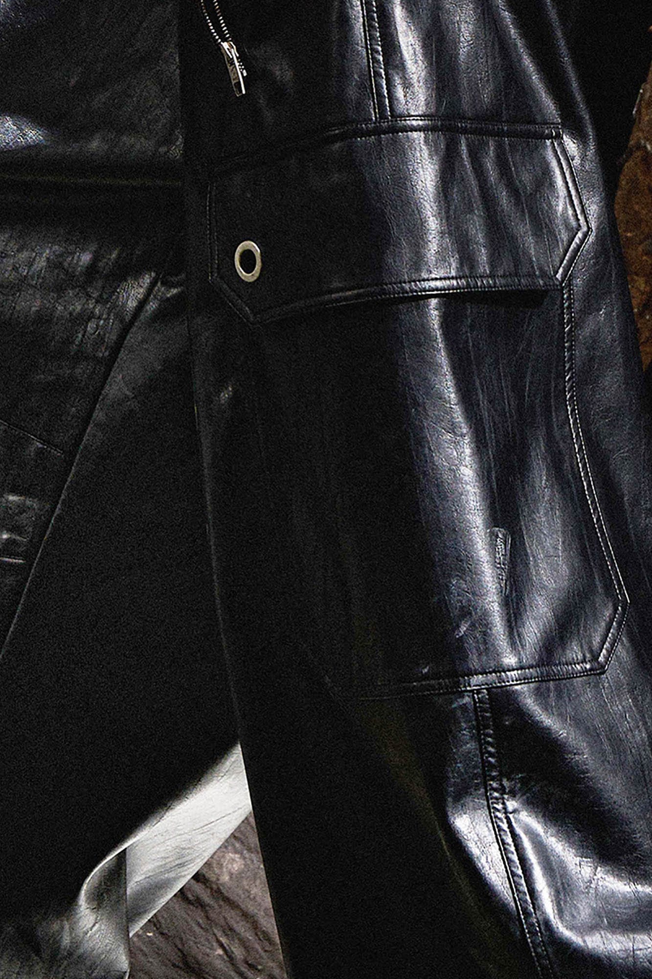 RELABEL Multi-Pocket Pleated Faux Leather Wide-Leg Pants, premium urban and streetwear designers apparel on PROJECTISR.com, RELABEL