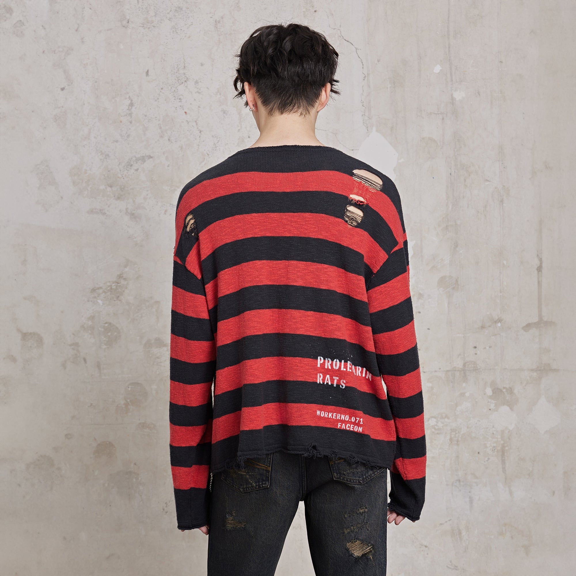 FACEONLAB Stripe Distressed Frayed Crewneck Sweater, premium urban and streetwear designers apparel on PROJECTISR.com, FACEONLAB