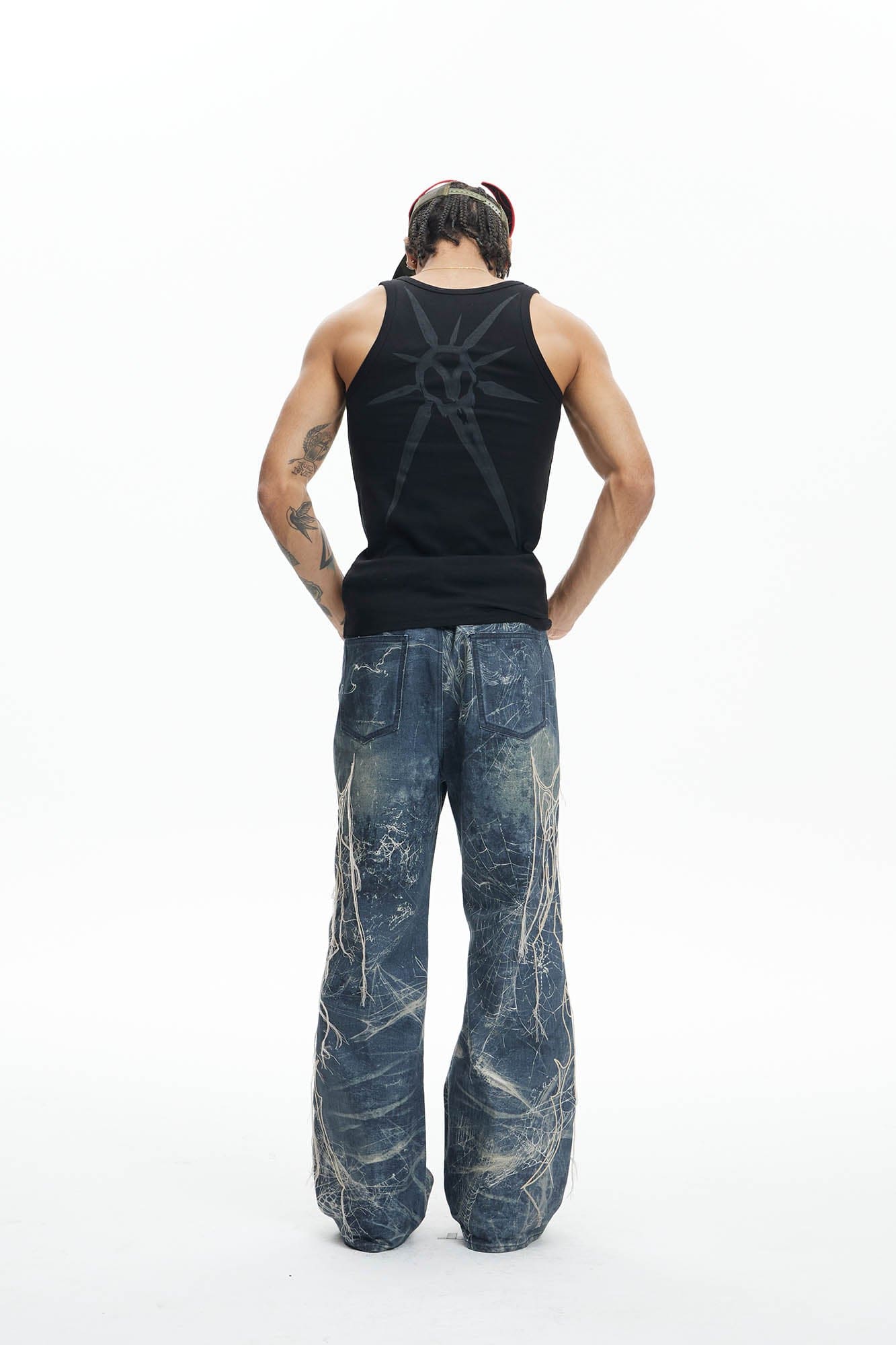 DND4DES Distressed Spider Web Embroidered Jeans, premium urban and streetwear designers apparel on PROJECTISR.com, DND4DES