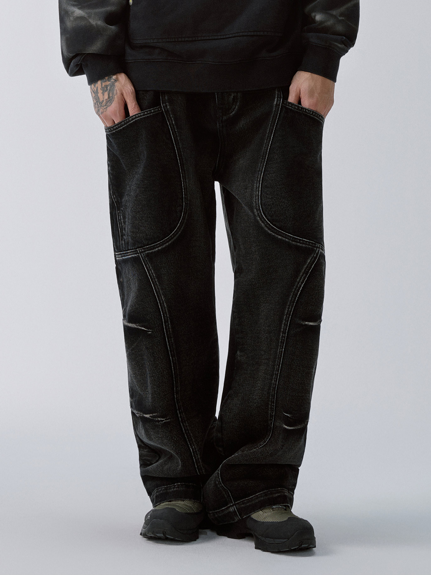 F2CE Washed Deconstructed Oversized Denim Cargo Pants