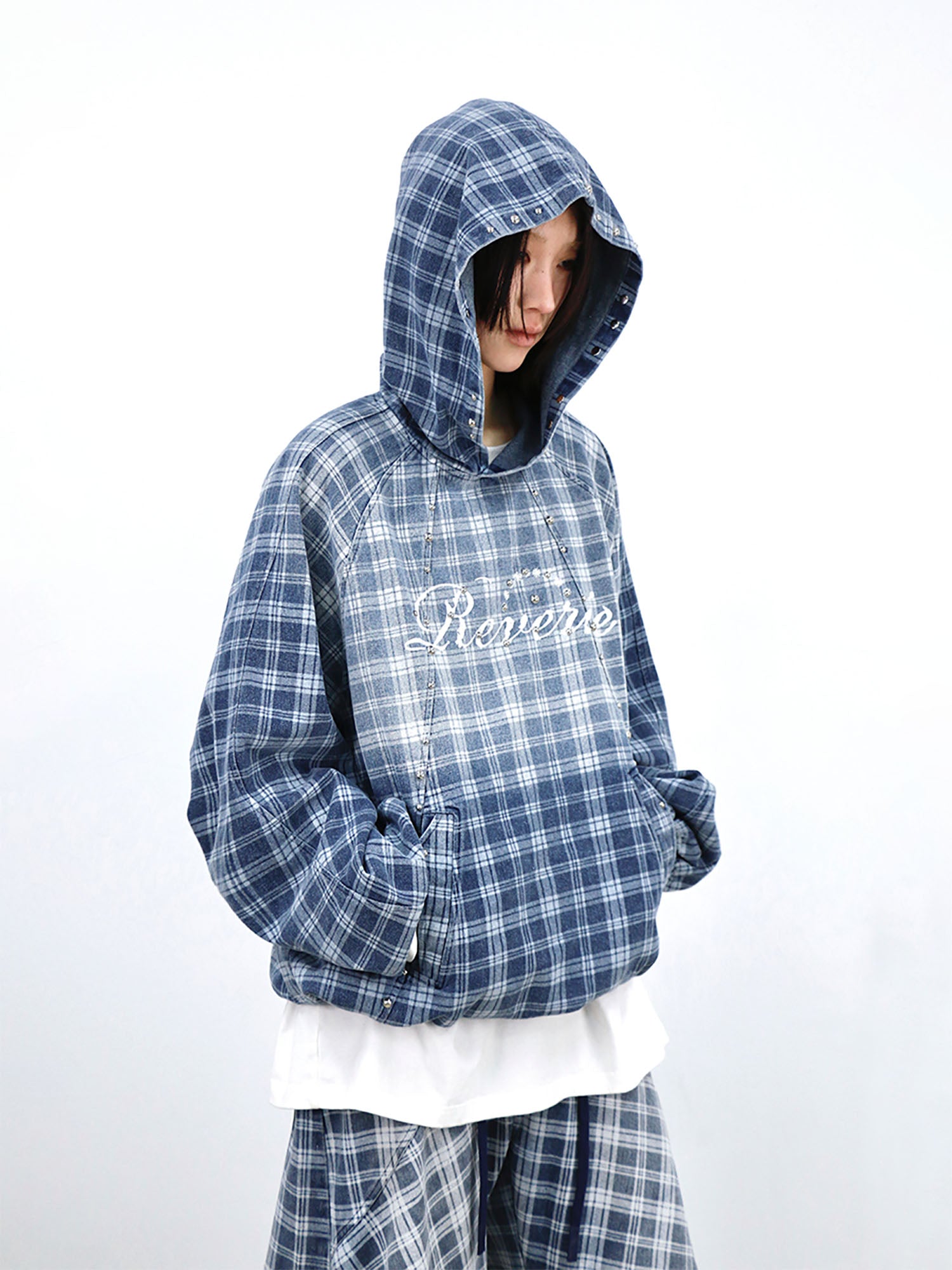 RELABEL Plaid Rivet Paneled Faded Hoodie, premium urban and streetwear designers apparel on PROJECTISR.com, RELABEL
