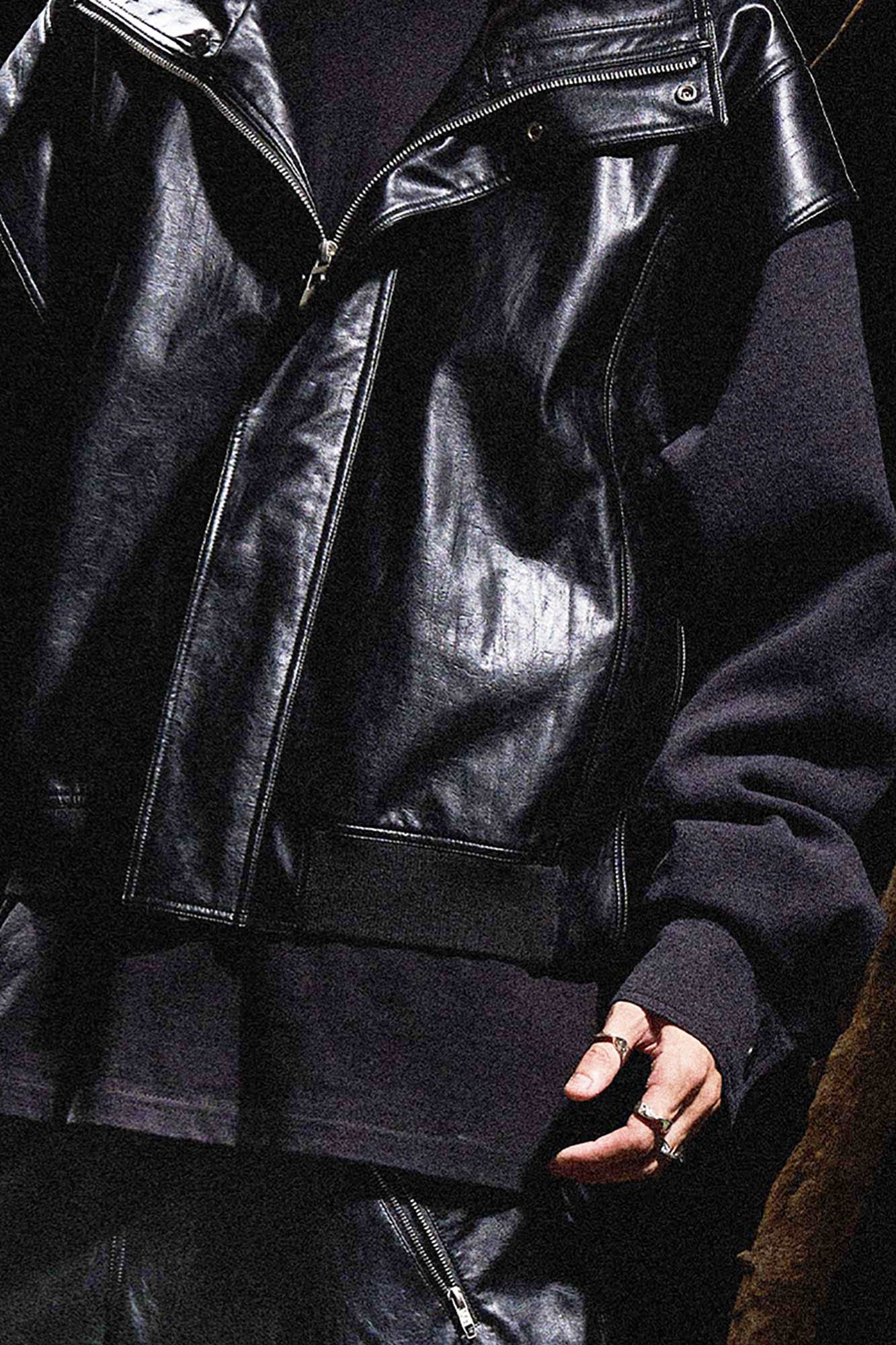 RELABEL Deconstructed Spliced Stand-Collar Faux Leather Jacket, premium urban and streetwear designers apparel on PROJECTISR.com, RELABEL