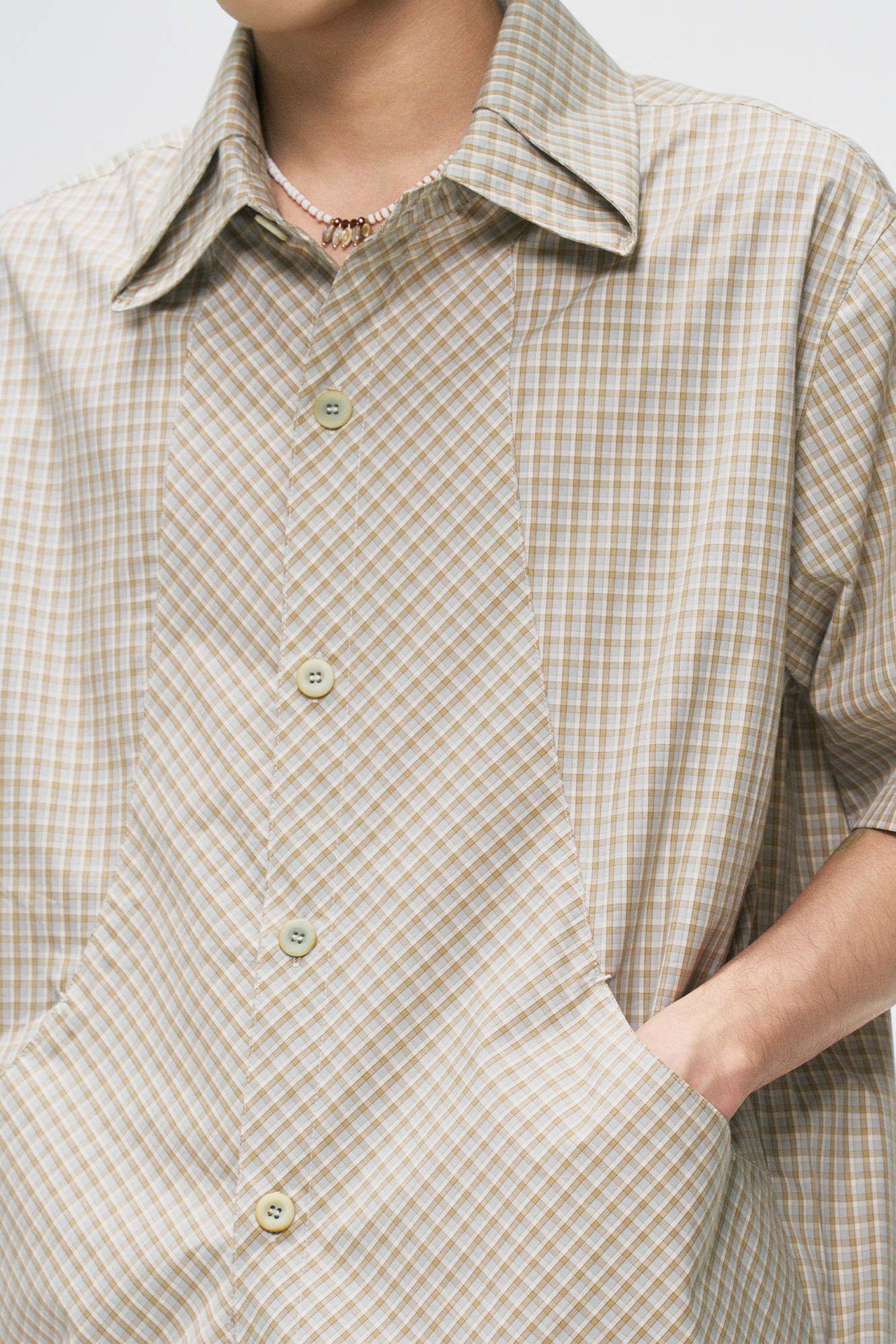 GONGHE REPUB Check Adjustable Hem Half Shirt, premium urban and streetwear designers apparel on PROJECTISR.com, GONGHE REPUB