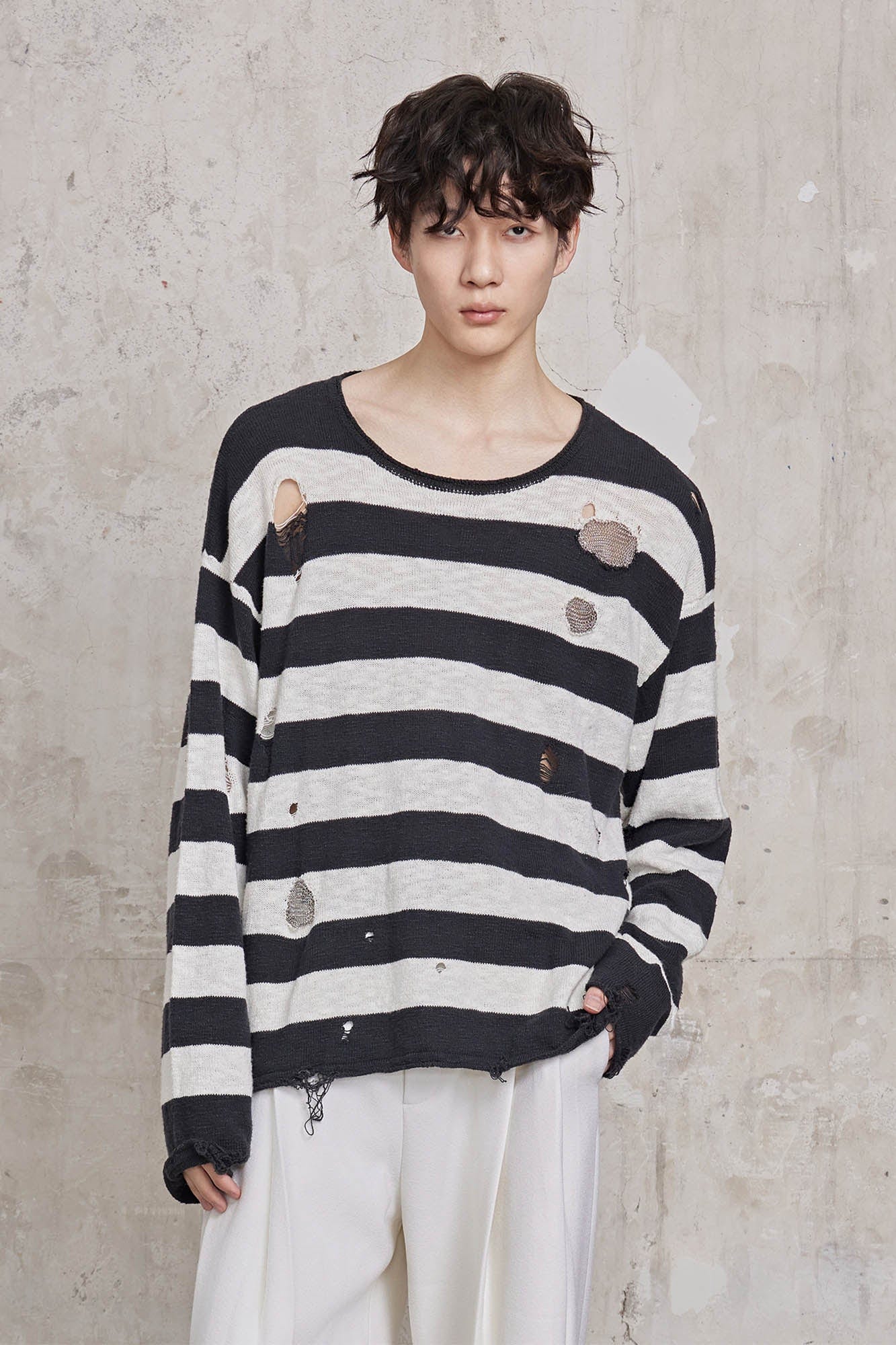 FACEONLAB Stripe Distressed Frayed Crewneck Sweater, premium urban and streetwear designers apparel on PROJECTISR.com, FACEONLAB