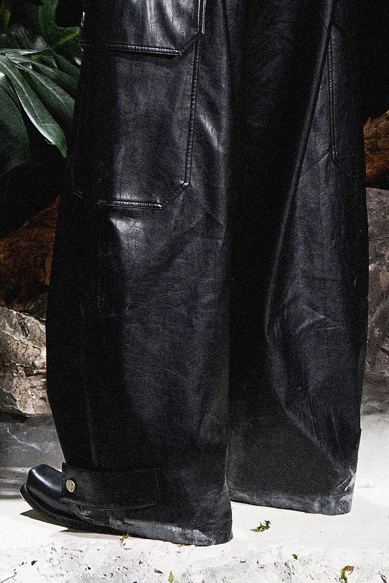 RELABEL Multi-Pocket Pleated Faux Leather Wide-Leg Pants, premium urban and streetwear designers apparel on PROJECTISR.com, RELABEL