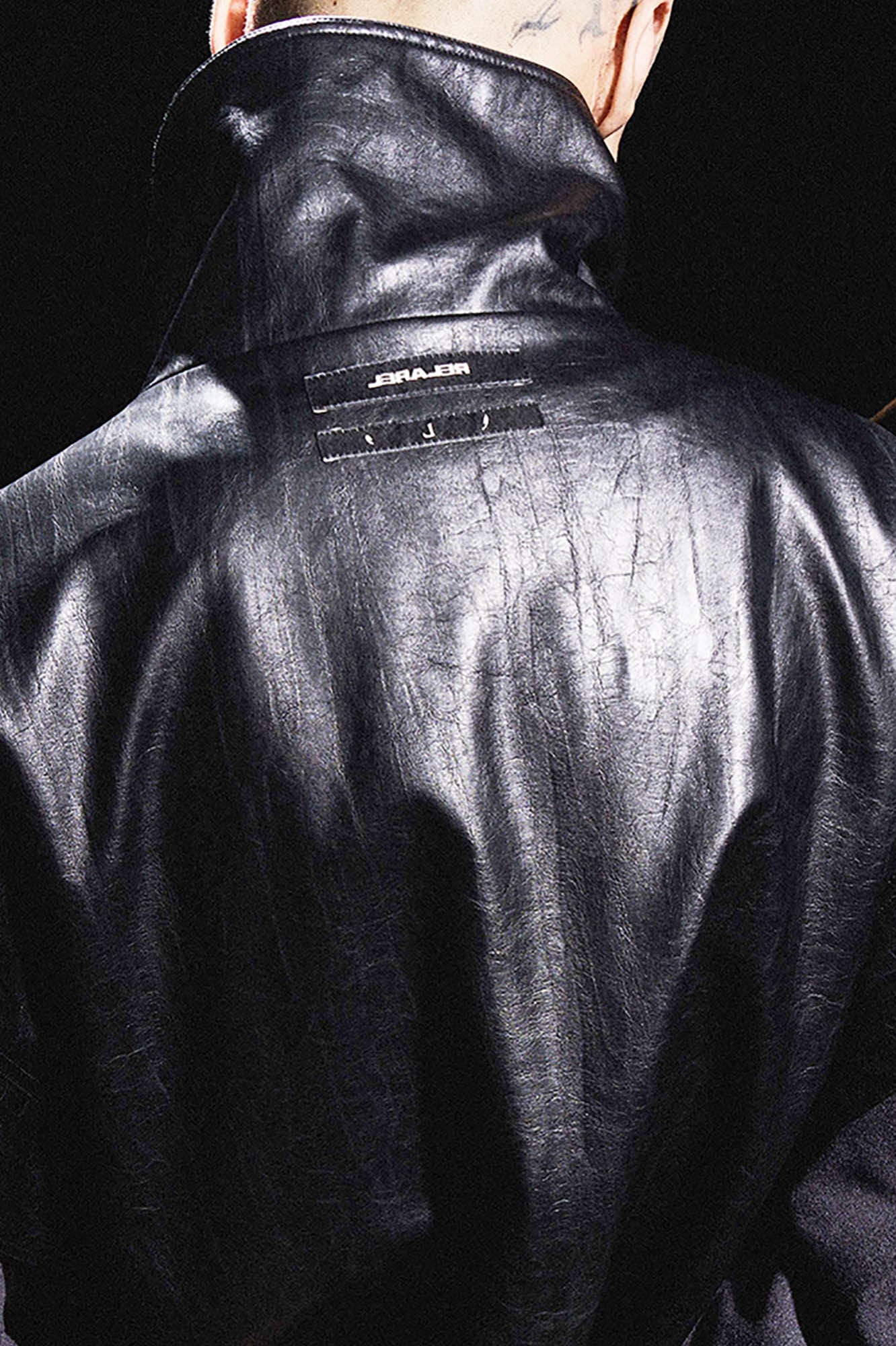 RELABEL Deconstructed Spliced Stand-Collar Faux Leather Jacket, premium urban and streetwear designers apparel on PROJECTISR.com, RELABEL