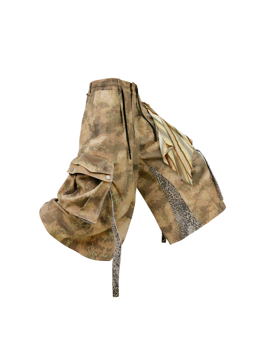 RELABEL Detachable Scarf Camo Leopard Panel Oversized Shorts, premium urban and streetwear designers apparel on PROJECTISR.com, RELABEL