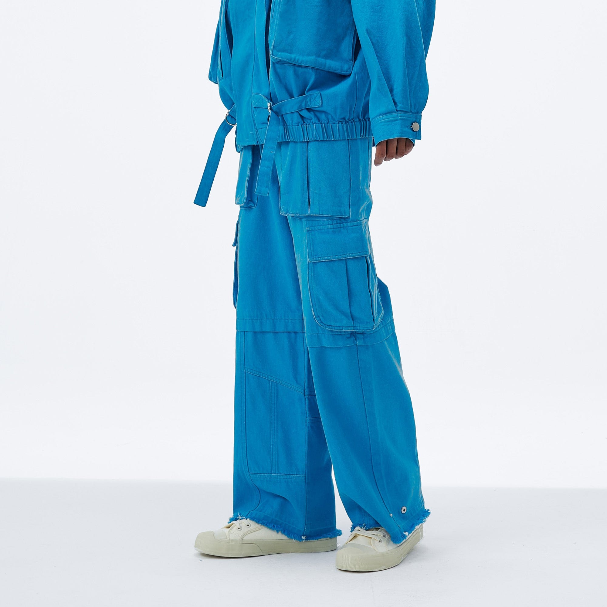 VANN VALRENCE Distressed Utility Frayed-Hem Denim Cargo Pants