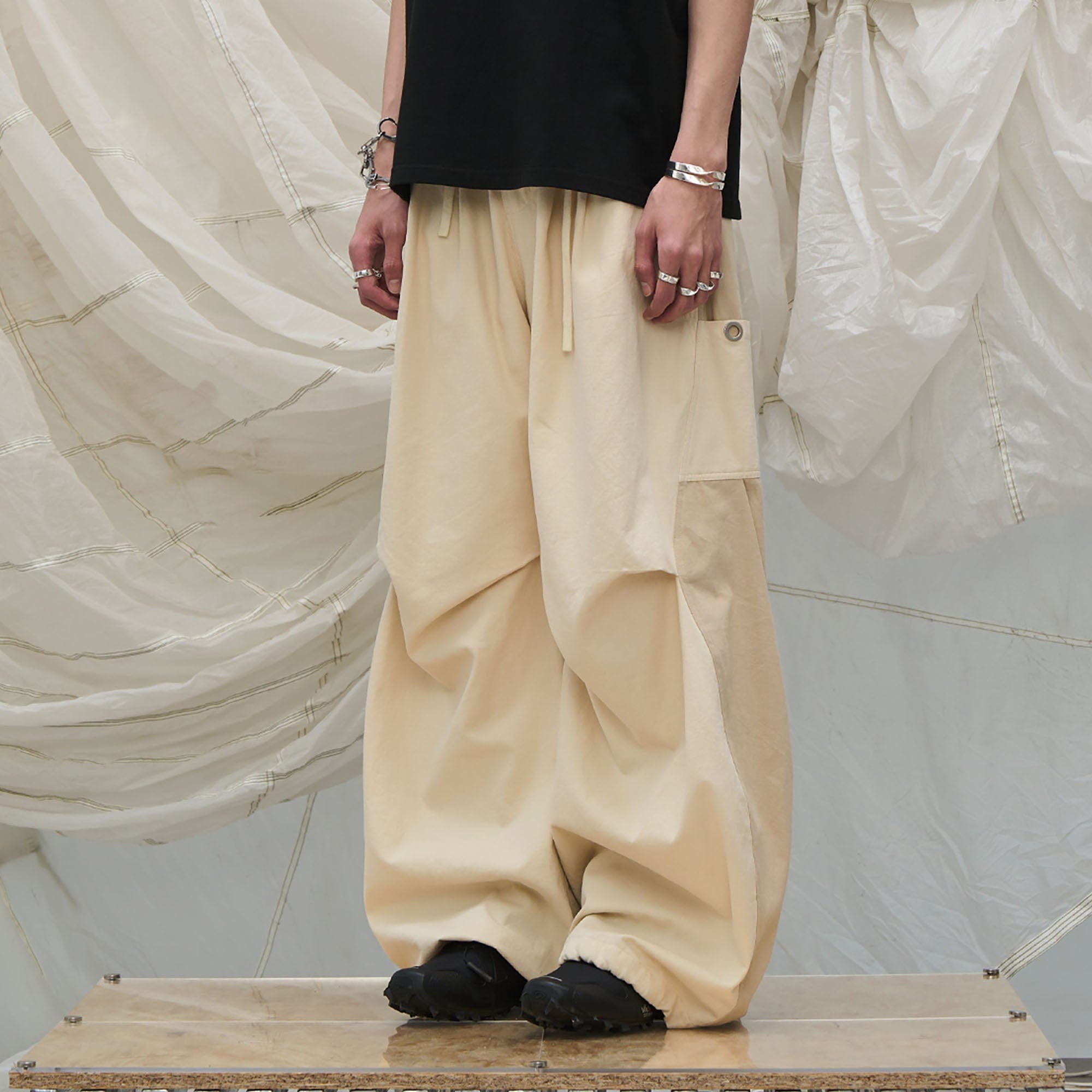 RELABEL Spliced Crinkled Oversized Cargo Pants, premium urban and streetwear designers apparel on PROJECTISR.com, RELABEL