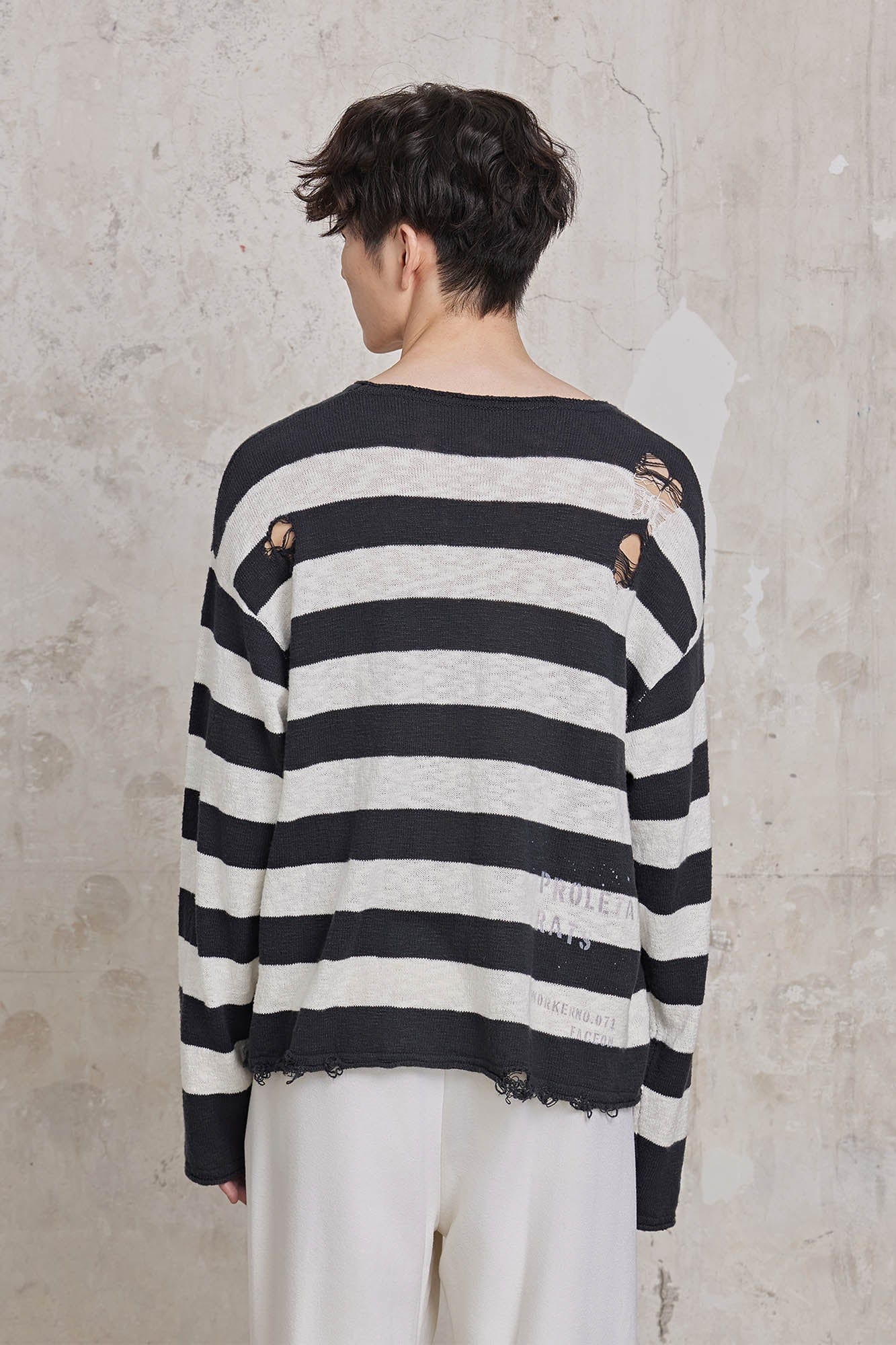 FACEONLAB Stripe Distressed Frayed Crewneck Sweater, premium urban and streetwear designers apparel on PROJECTISR.com, FACEONLAB