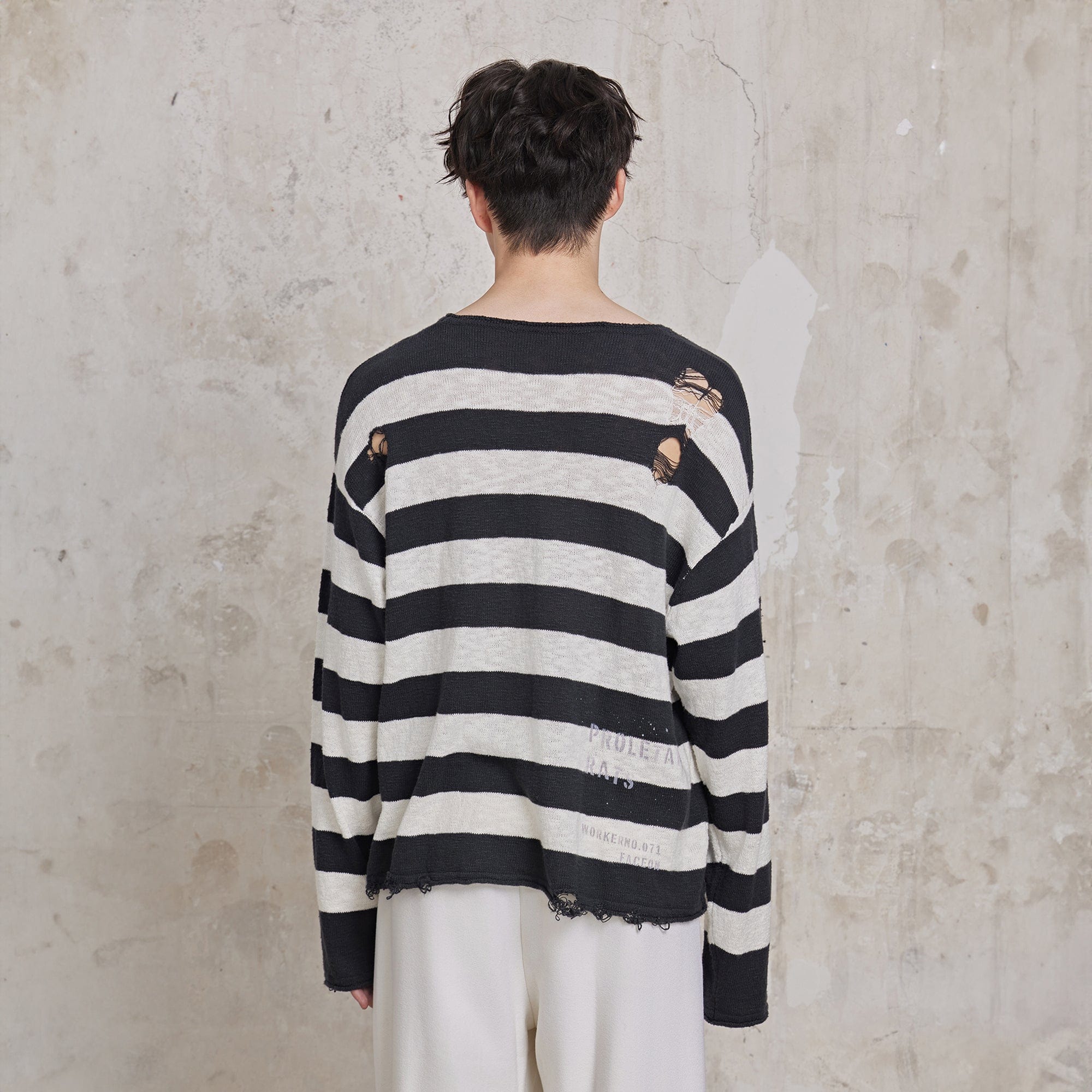 FACEONLAB Stripe Distressed Frayed Crewneck Sweater, premium urban and streetwear designers apparel on PROJECTISR.com, FACEONLAB