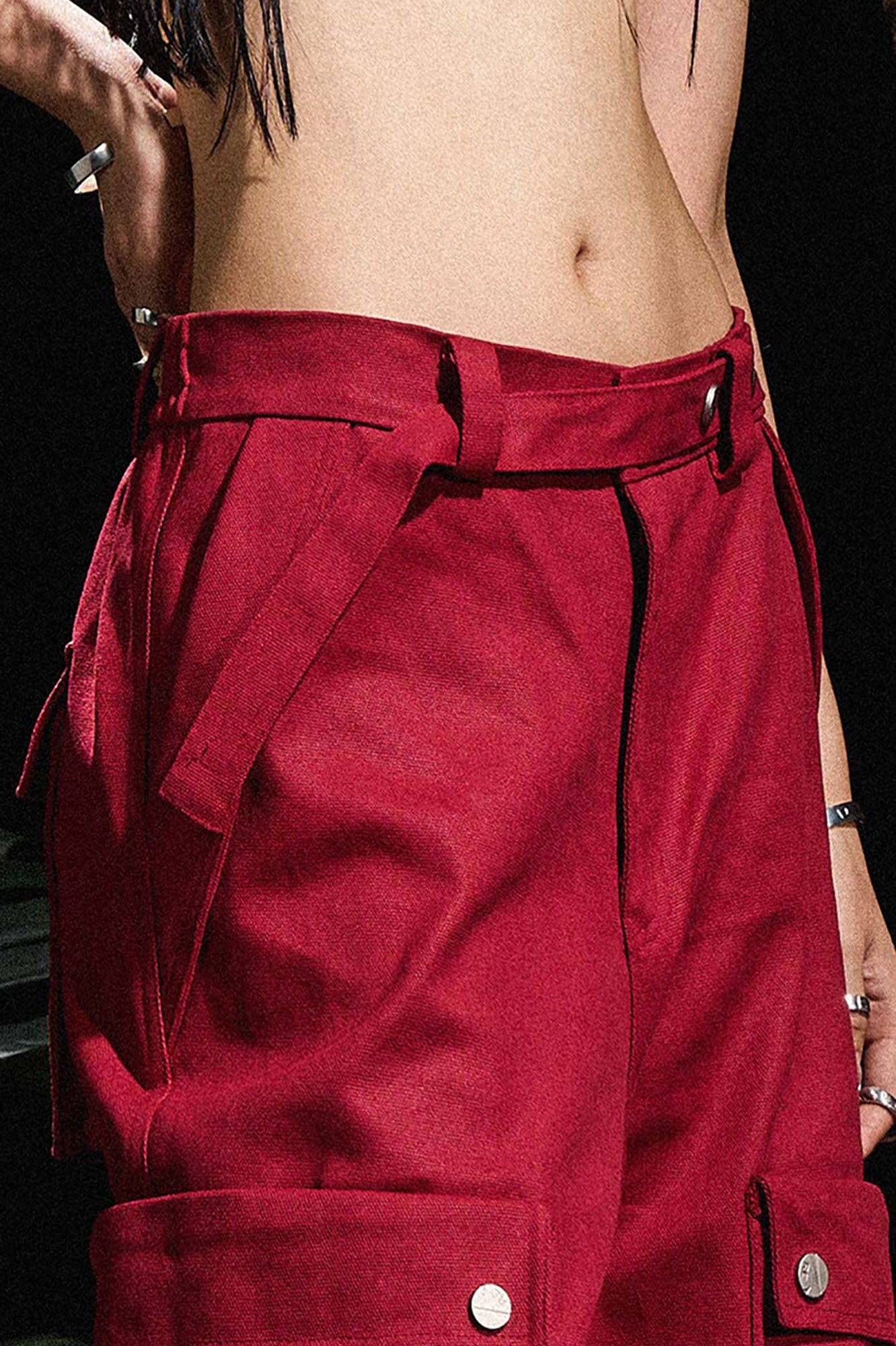 RELABEL Multi-Pocket Oversized Workwear Cargo Pants Red, premium urban and streetwear designers apparel on PROJECTISR.com, RELABEL