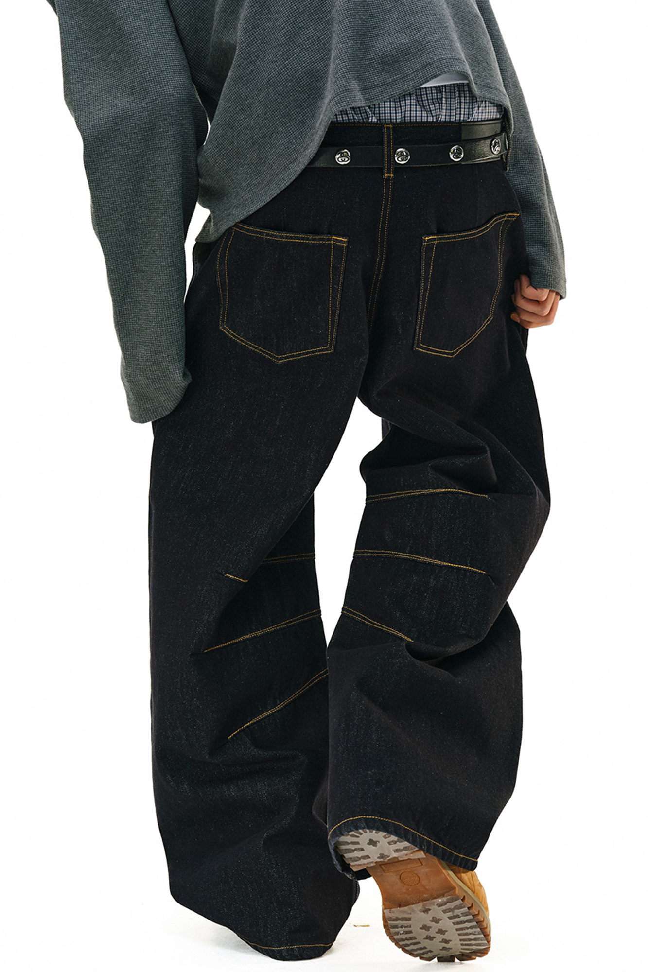 NOVACAM Raw Slub Denim Curved Wide-Leg Jeans