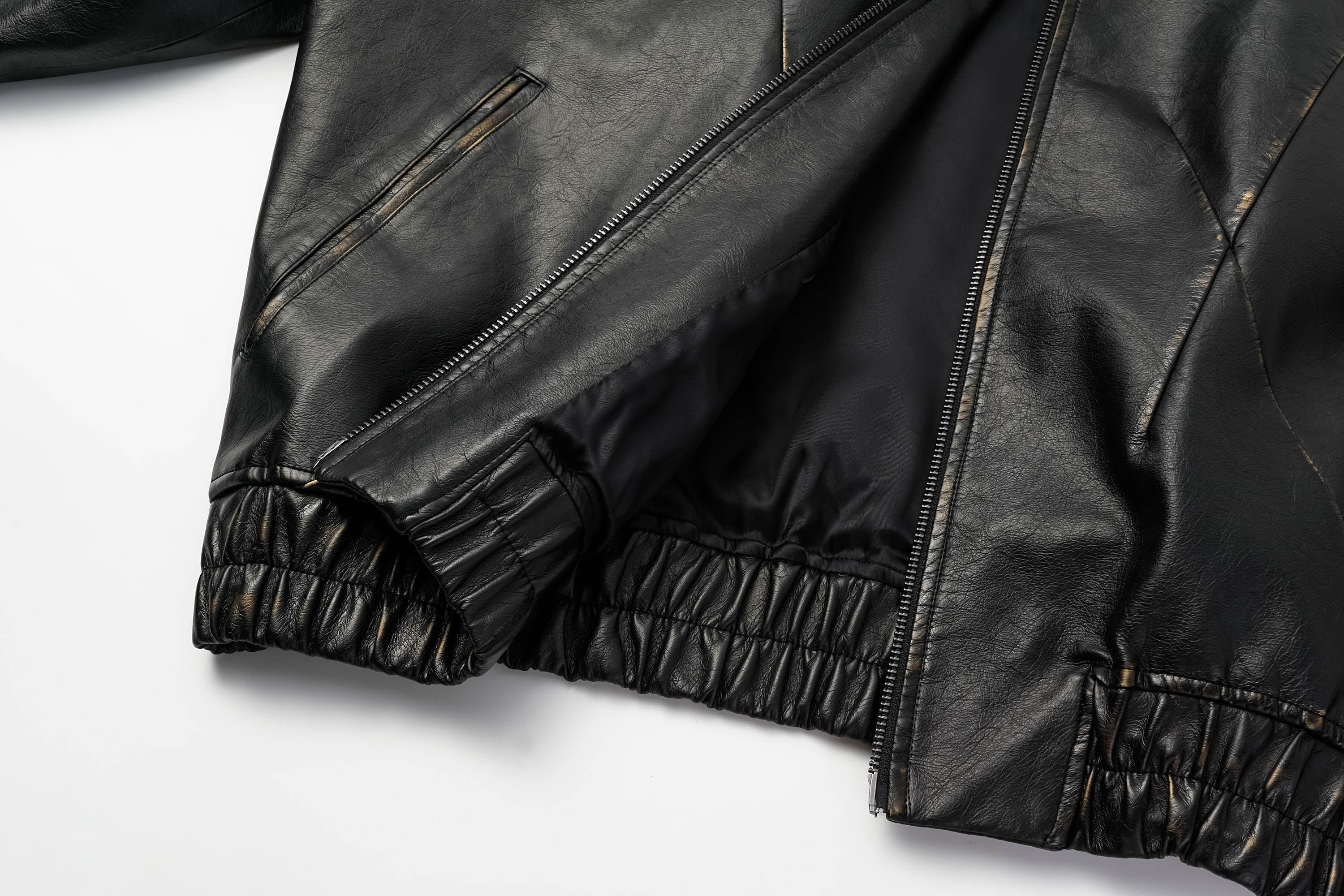 ALVNG AR ANTS Retro Distressed Spliced PU Jacket, premium urban and streetwear designers apparel on PROJECTISR.com, ALVNG AR ANTS
