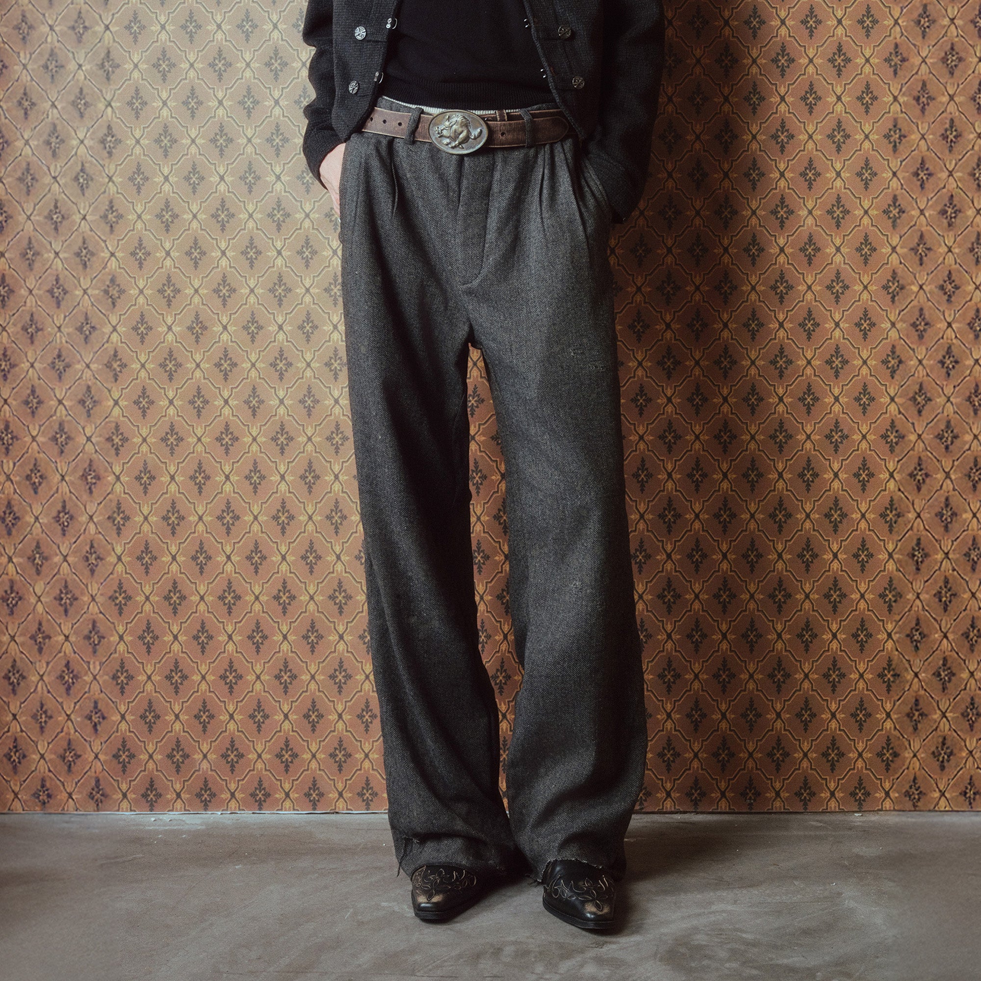 RICHILL Distressed-Hem Herringbone Trousers, premium urban and streetwear designers apparel on PROJECTISR.com, RICHILL