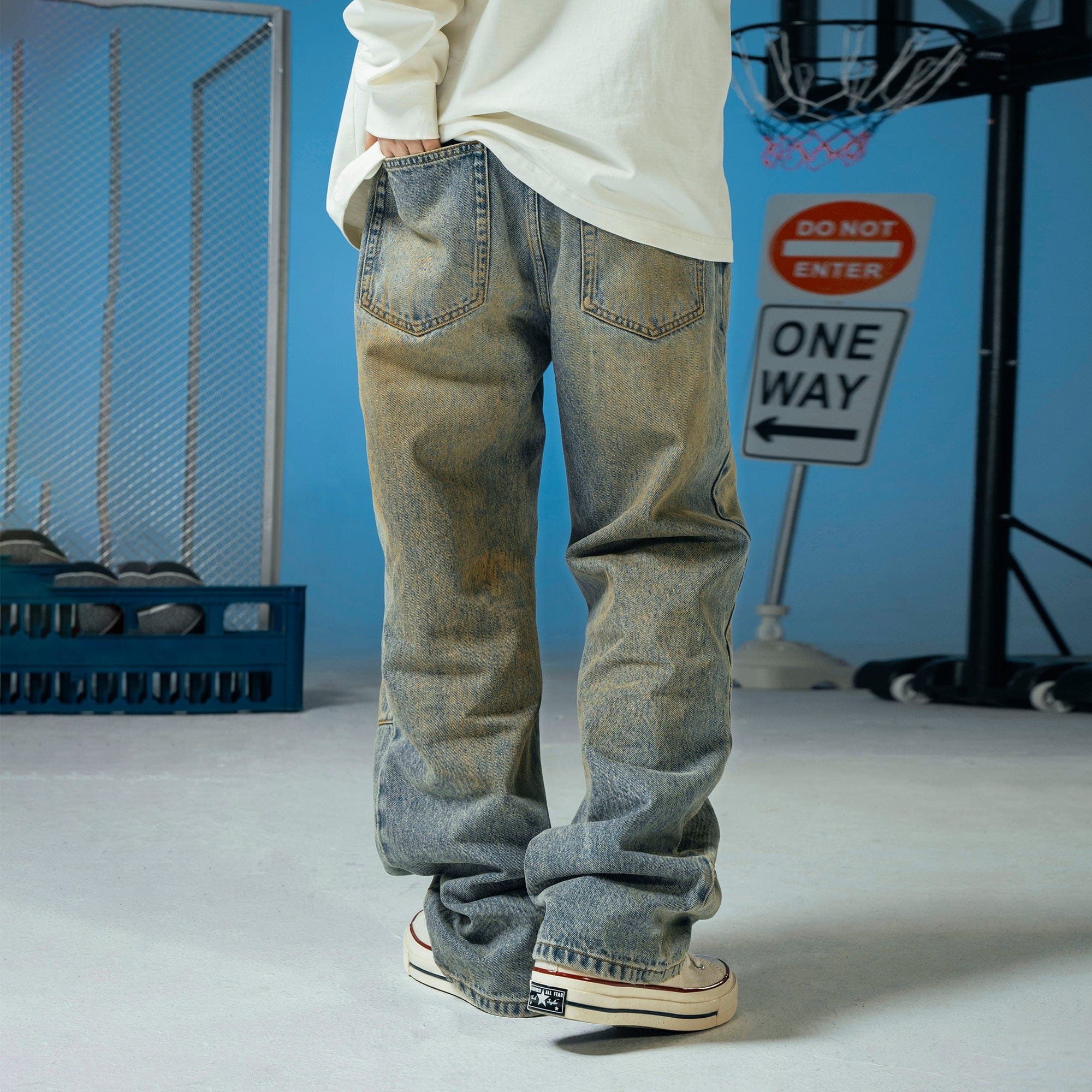 MAKEMORE Classic Acid Washed Crinkled Jeans, premium urban and streetwear designers apparel on PROJECTISR.com, MAKEMORE