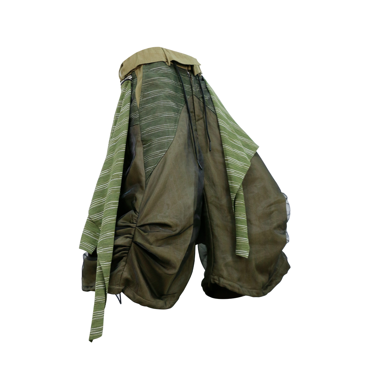 RELABEL Detachable Striped Drape Ruched Oversized Shorts Green, premium urban and streetwear designers apparel on PROJECTISR.com, RELABEL