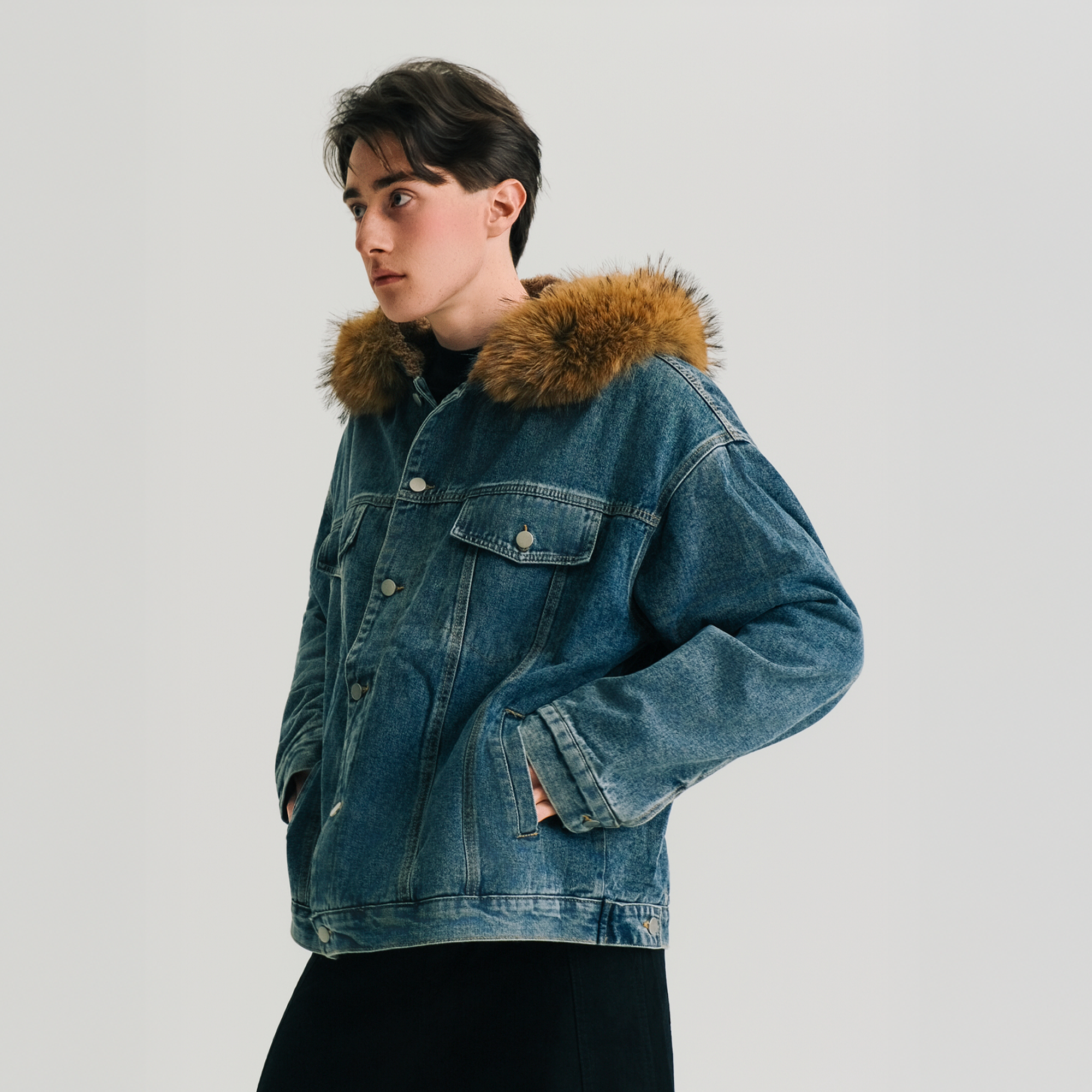 WIID Detachable Faux Fur-Collared Denim Jacket