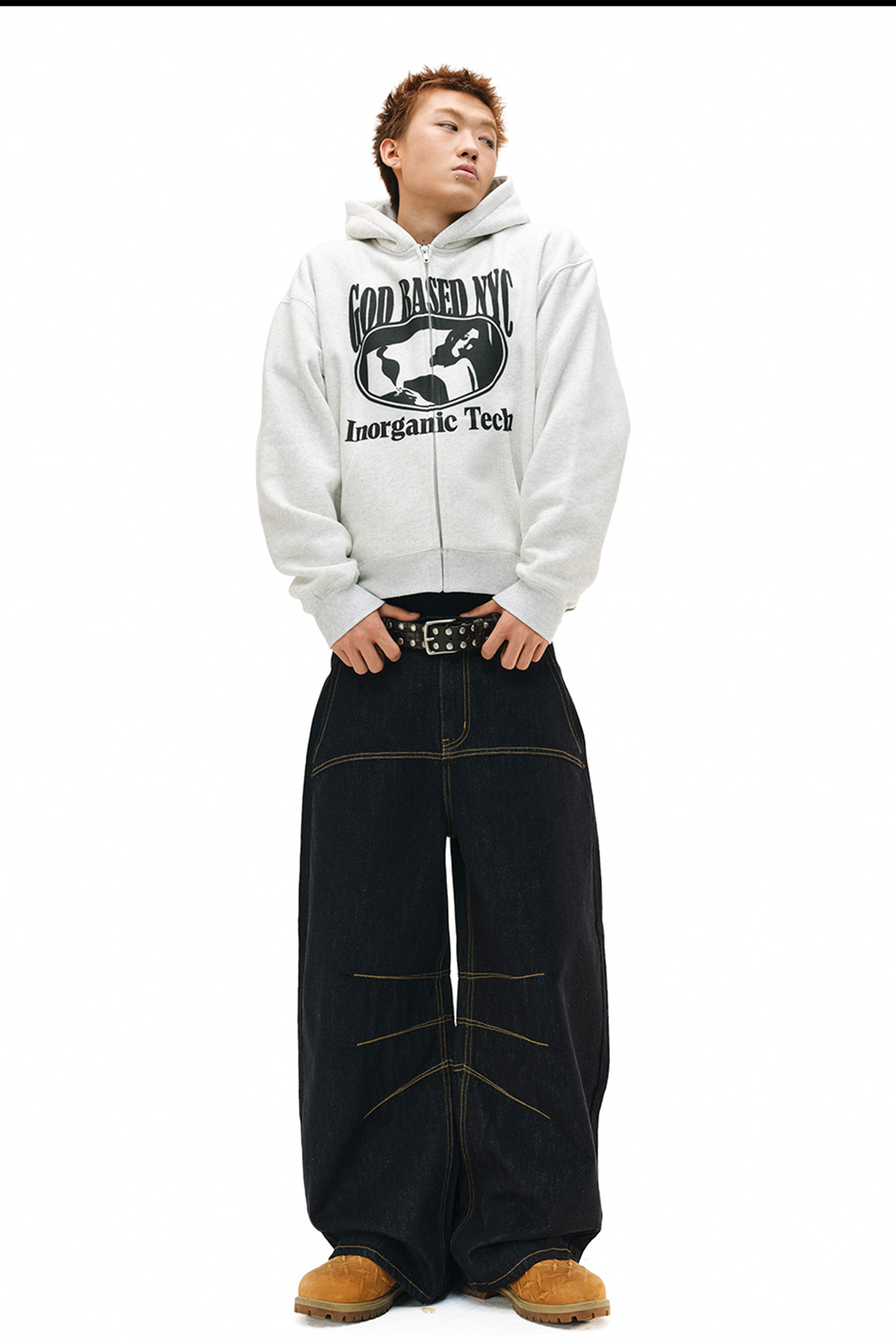 NOVACAM Raw Slub Denim Curved Wide-Leg Jeans