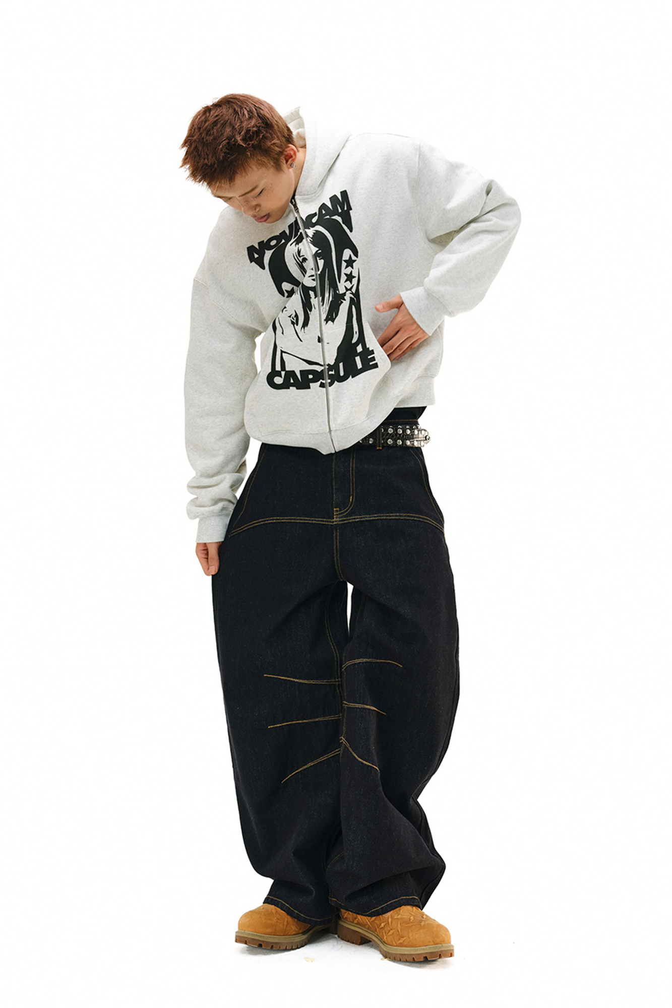 NOVACAM Raw Slub Denim Curved Wide-Leg Jeans