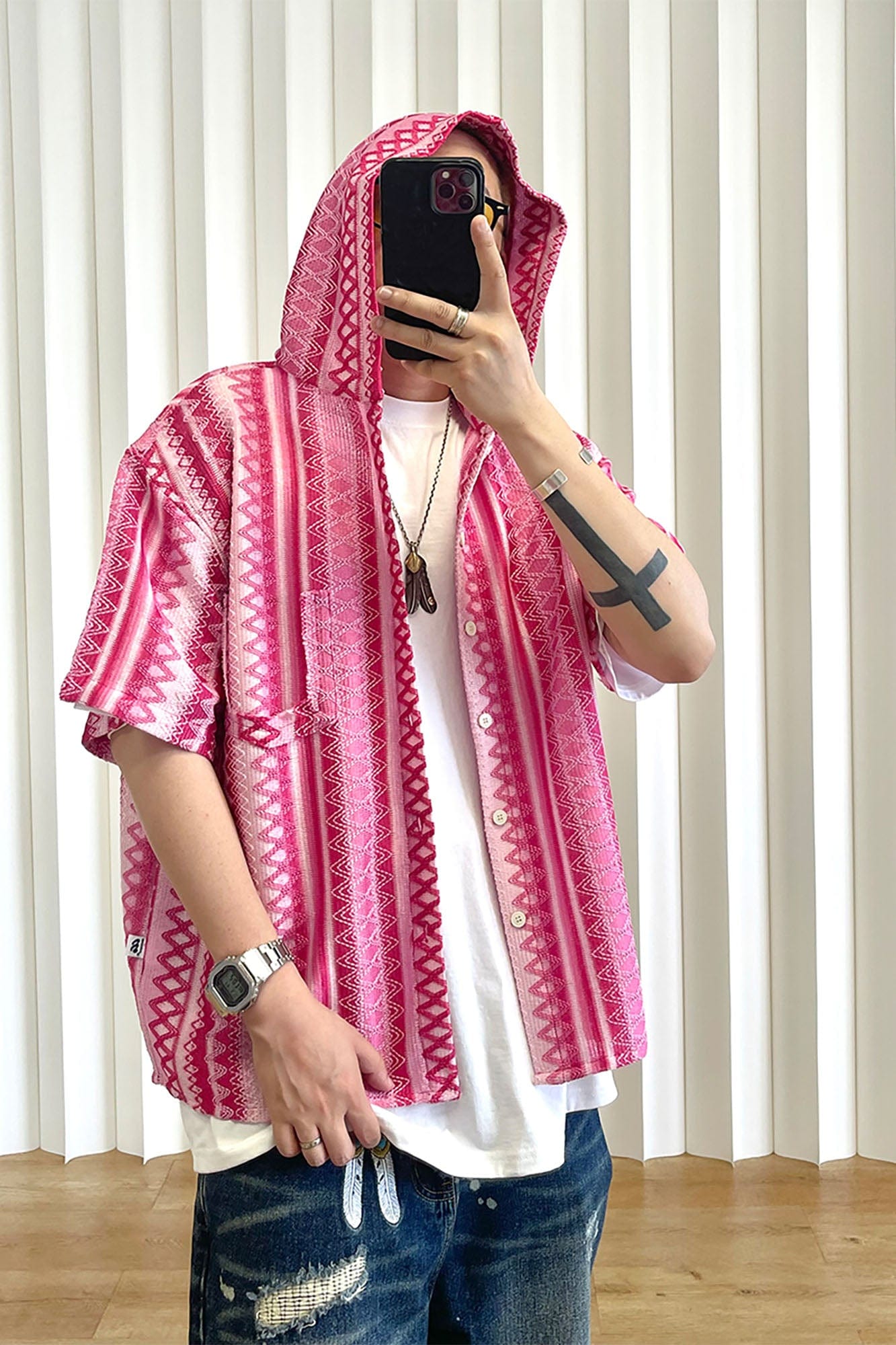 ME DA IGUAL Ethnic Stripe Textured Hooded Half Shirt, premium urban and streetwear designers apparel on PROJECTISR.com, ME DA IGUAL