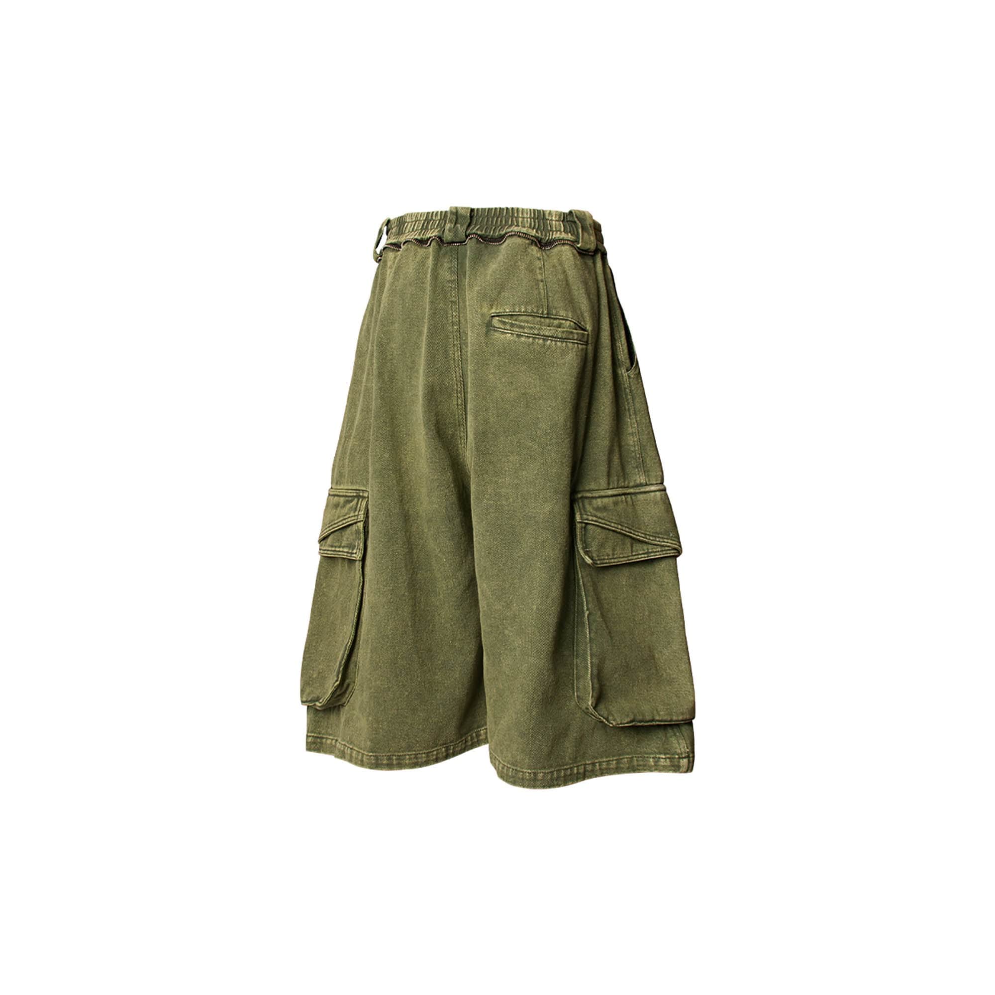 RELABEL Detachable Scarf Washed Multi-Pocket Wide-Leg Shorts Green, premium urban and streetwear designers apparel on PROJECTISR.com, RELABEL