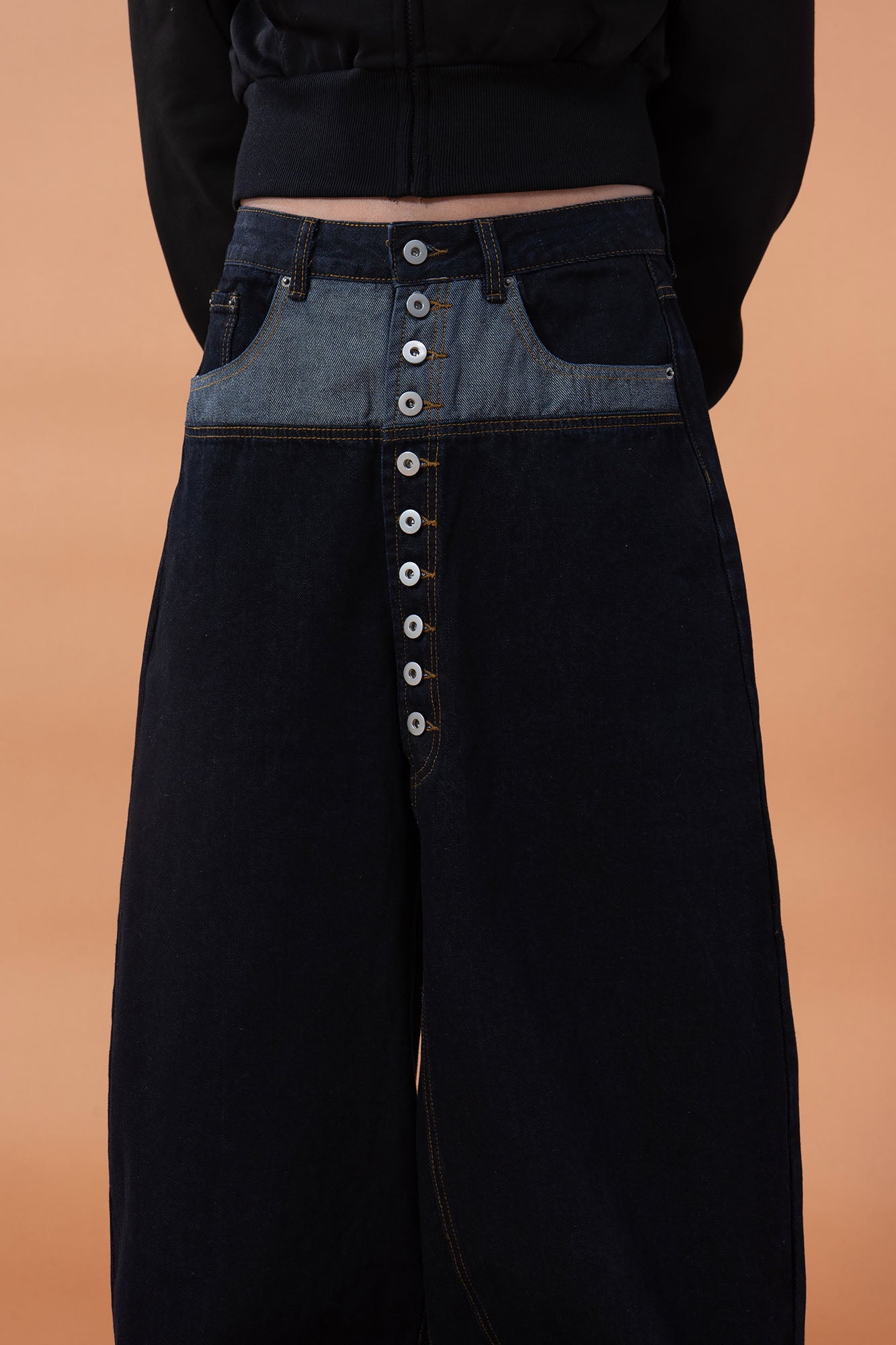 CLP Contrast-Waist Botton-Fly Oversized Raw Jeans, premium urban and streetwear designers apparel on PROJECTISR.com, CLP