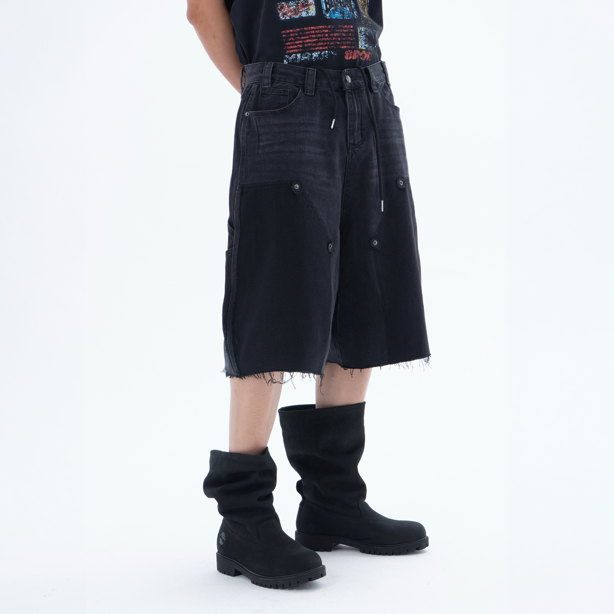 CLP Retro Washed Raw Edge Paneled Shorts