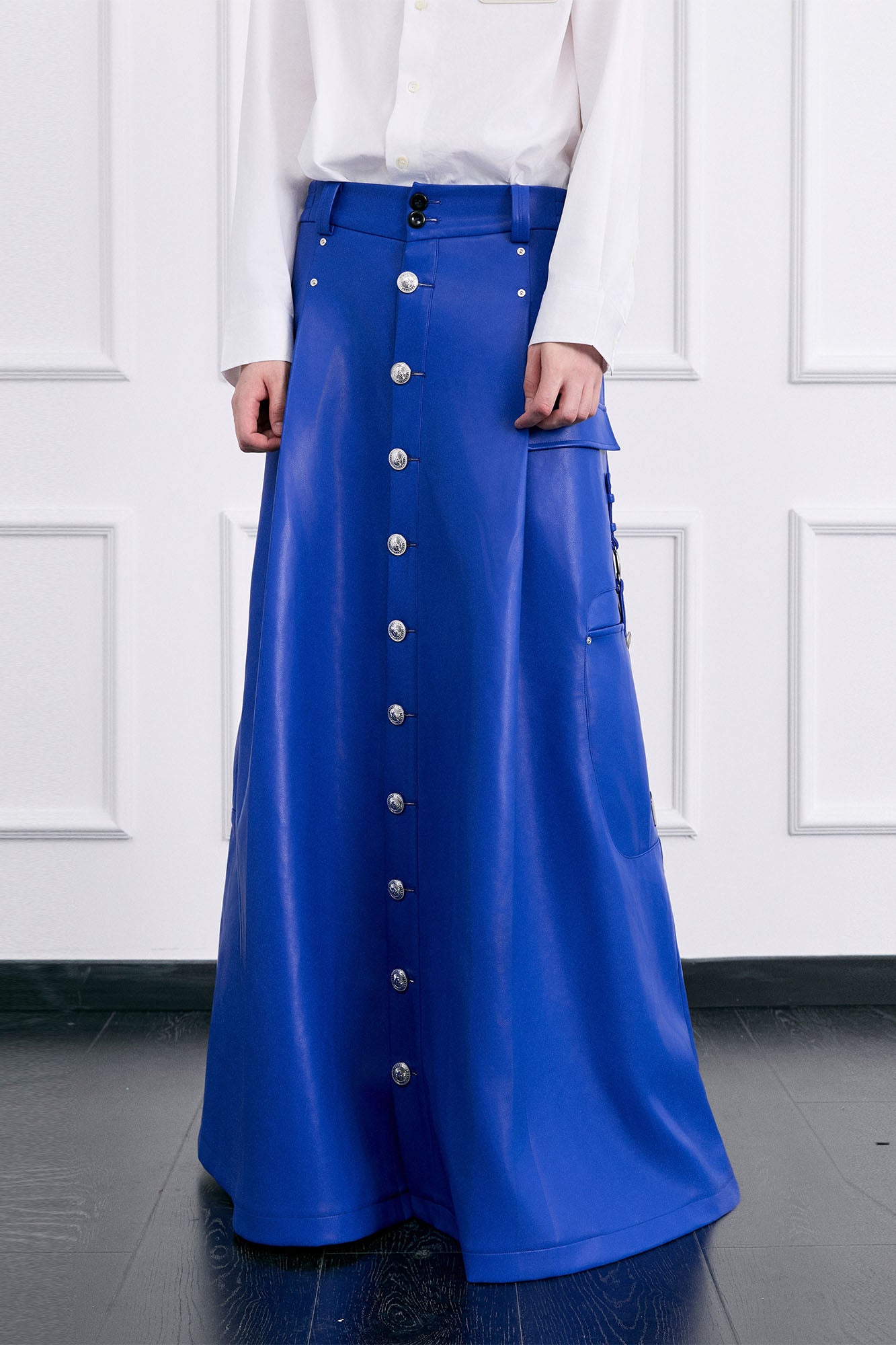 FACEONLAB Utility Faux Leather Buttoned Maxi Skirt, premium urban and streetwear designers apparel on PROJECTISR.com, FACEONLAB