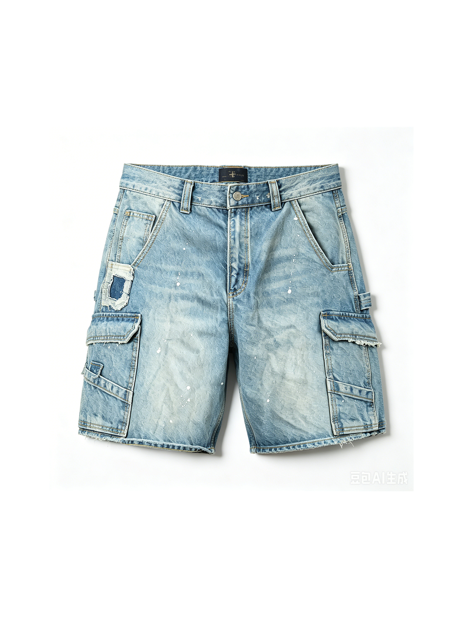 NEIGBORL Retro Washed Paint-Splattered Multi-Pocket Denim Shorts