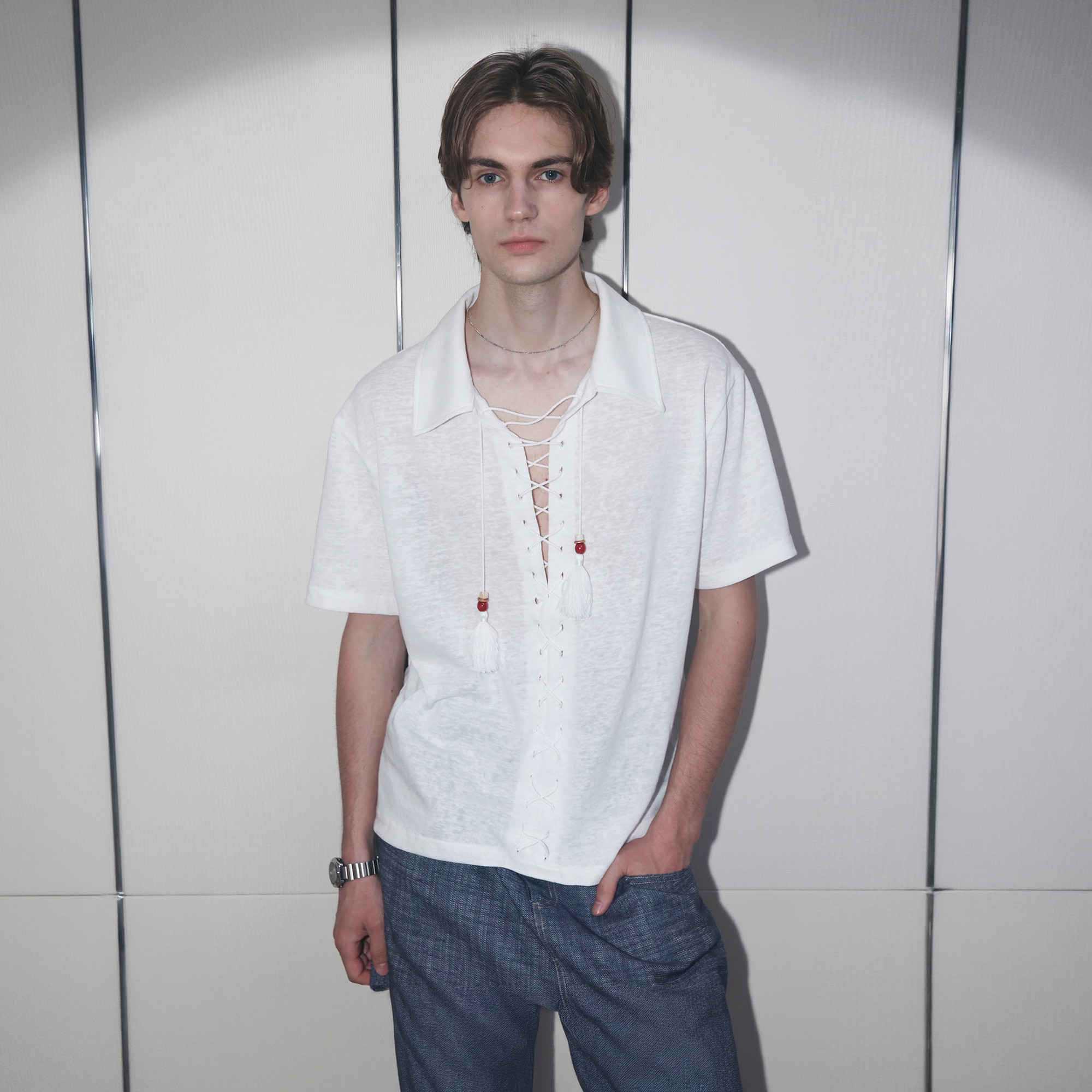 ASSEEN Tassel Lace-Up Short-Sleeve Polo Tee