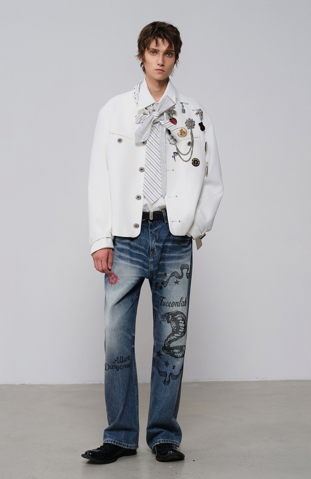 FACEONLAB Leather-Collar Medal Embellished Jacket