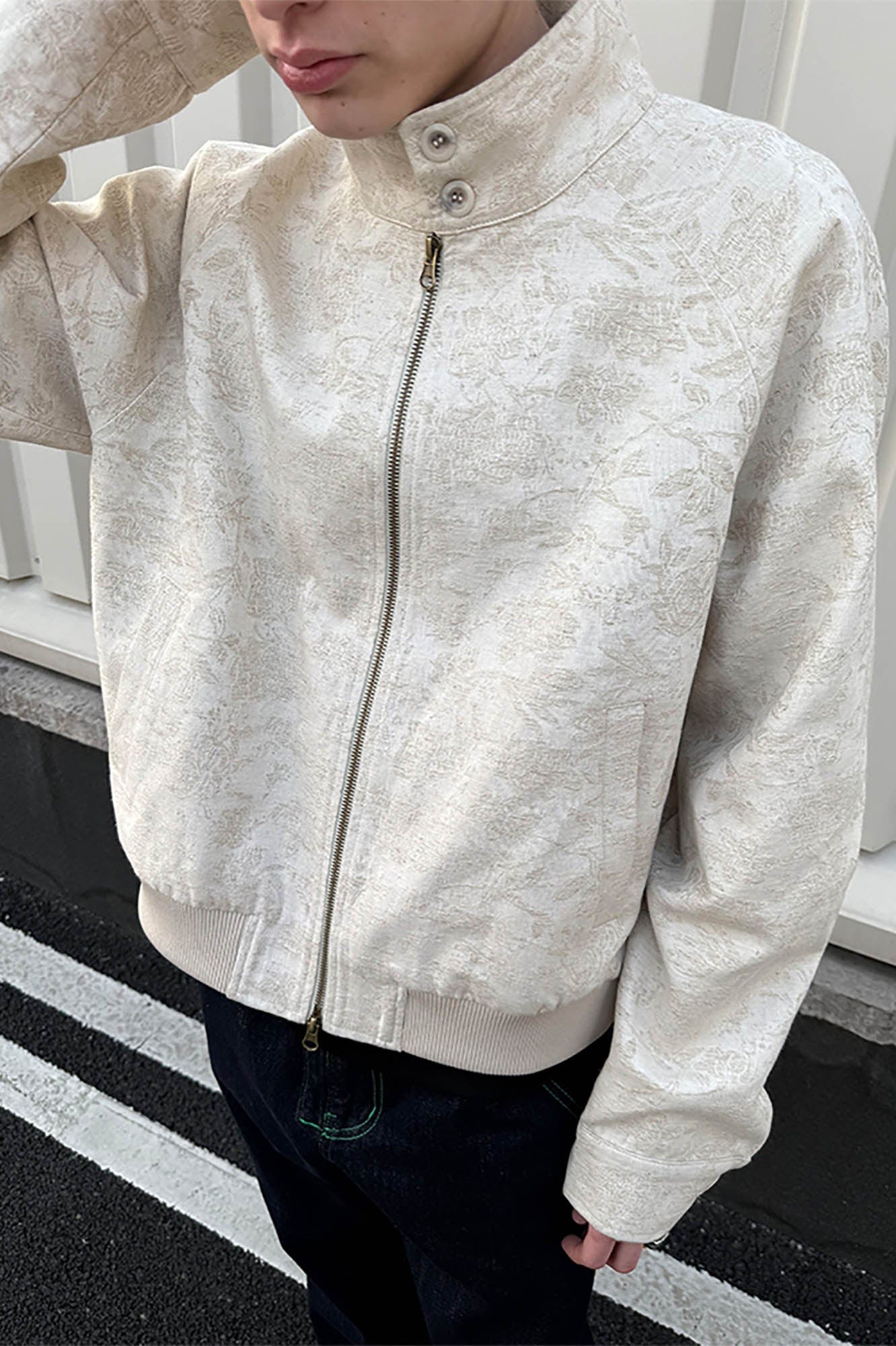 KREATE Jacquard Spider Lily Stand-Collar Wellington Jacket, premium urban and streetwear designers apparel on PROJECTISR.com, KREATE