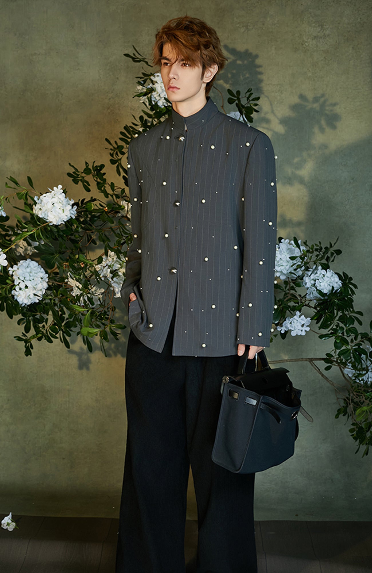 JIECHI Pearl Embellished Stripe Mandarin Shirt